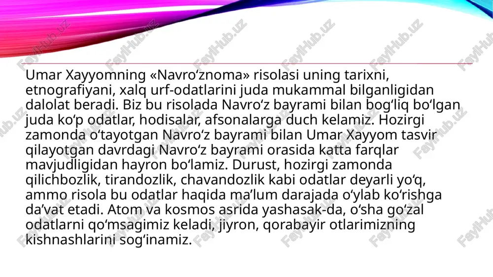 i – forobiy va ibn sinoning izdoshi. xayyomning bu ustozlarini shariat peshvolari, faqihlar, mutakallimlar va boshqa muxolif yo‘nalishdagi mutafakkirlar «faylasuf» (yunoncha – «filosof») nomi bilan ataganlar, ularni islomga qarshi boruvchilar deb talqin qilganlar. foydalanilgan adabiyotlar umar xayyom. navro’znoma — xurshid davron kutubxonasi by khurshid davron on scribd image2.png image3.jpeg image4.png image5.jpeg image1.png 160% & ( y, xe) ses tt en binsin ee ze /docprops/thumbnail.jpeg —-— @82 © mavzu: umar hayyom "navroznoma" asari tahlili eoa_=
