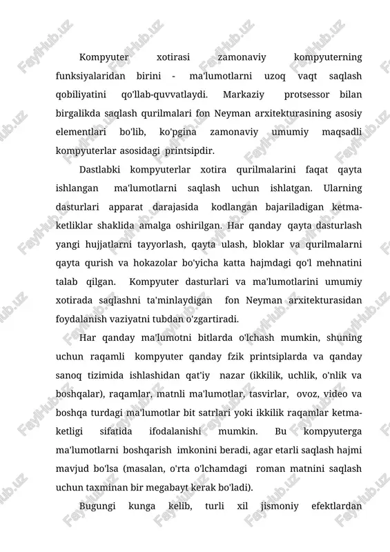 nishga imkon beradi. kondensatorda zaryadning mavjudligi yoki yo'qligi ham saqlash tizimining asosi bo'lishi mumkin. cd, dvd yoki blu-ray disklari yuzasida yorug'likning aks etishi yoki tarqalishi ham ma'lumotni saqlashga imkon beradi. xotira turlarining tasnifi xotirani tasniflash va saqlash qurilmalari tasnifini farqlash kerak. birinchisi xotirani funksionalligi bo'yicha tasniflaydi, ikkinchisi texnik amalga oshirish bo'yicha tasniflaydi. biz birinchisini ko'rib chiqamiz - demak, xotiraning apparat turlari (xotiraga kiritilgan) va ko'p hollarda dasturiy ta'minot bilan amalga oshiriladigan ma'lumotlar tuzilmalari kiradi. ma'lumotlar bilan bajariladigan amallar. • faqat o'qish uchun xotira (rom) • o'qish/yozish xotirasi dasturlashtiriladigan va qayta dasturlanadigan rom (prom va prom) xotirasi ushbu tasnifda umumiy qabul qilingan o'ringa ega emas. u "faqat o'qish" xotirasining kichik turi deb ataladi yoki alohida turga ajratiladi. shuningdek, xotirani amalda qayta yozishning xarakterli chastotasiga ko'ra u yoki bu turga kiritish taklif etiladi: operativ xotira ish paytida ma'lumotlar tez-tez o'zgarib turadigan turlarga, rom esa nisbatan o'zgarmagan ma'lumotlarni saqlashga mo'ljallangan turlarga tegishli. murojaat …