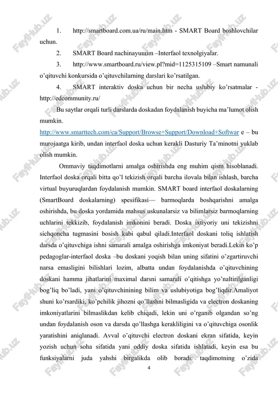 mal darsni samarali o’qitishga yo’naltirilganligi bog’liq bo’ladi, yani o’qituvchinining bilim va uslubiyotiga bog’liqdir.amaliyot shuni ko’rsardiki, ko’pchilik jihozni qo’llashni bilmasligida va electron doskaning imkoniyatlarini bilmaslikdan kelib chiqadi, lekin uni o’rganib olgandan so’ng undan foydalanish oson va darsda qo’llashga kerakliligini va o’qituvchiga osonlik yaratishini aniqlanadi. avval o’qituvchi electron doskani ekran sifatida, keyin yozish uchun soha sifatida yani oddiy doska sifatida ishlatadi, keyin esa bu funksiyalarni juda yahshi birgalikda olib boradi: taqdimotning o’zida tushuntirishga oson bo’lish uchun yozishga joy qoldiradi yoki alohida yozuvlarni, rasmlarni, taqdimot bulimlarini strelkalar orqali bog’laydi. powerpoint ishlatiladimi yoki doskaning dasturiy ta’minotimi o’qituvchi o’rganilgan format doirasidan chiqib ketmaydi. har safar ham talabalar darsda undan foydalanish yoki darsda uni qo’llashga imkon topa olmaydilar, bu esa electron doskani darsda qo’llash imkonini yanada toraytiradi. interfaol doska darsda foyda keltirishi uchun nima qilish kerak? bu yo’ldagi birinchi qadamlar juda sodda, keyinchalik jarayon o’qituvchi va uning electron materiallarni tayyorlashiga va tirishqoqligiga bog’liq bo’lsada, uning harakatlari …