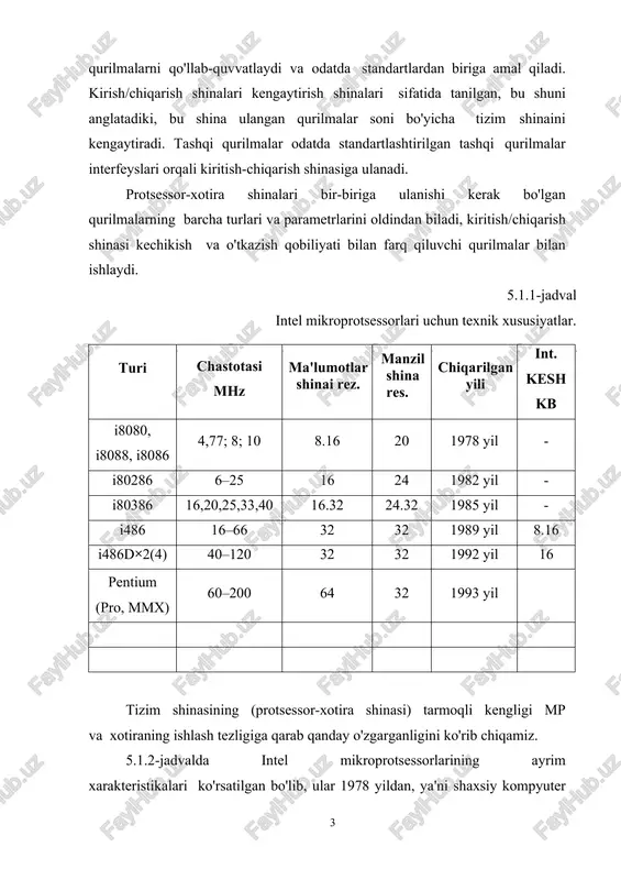 rotsessor-xotira tizimi shinasining xarakteristikalari (ma’lumotlar shinasi chastotasi, maksimal va real tarmoqli kengligi) keltirilgan. tarmoqli kengligi sekundiga baytlarda o'lchanadigan shinani uzatish tezligini anglatadi. 9.1-jadvaldan ko'rinib turibdiki, mp ning 1980 yildan keyin takt chastotasi. 60 baravar oshdi. shu bilan birga, tizimning sahifalangan xotirasi (fpm) ishlash chastotasi 5 barobar oshgan. edoram va sdram dan foydalanish xotira unumdorligini 10 marta oshirdi. shunday qilib, mp ishlashi va xotira o'rtasida bo'shliq paydo bo'ldi. ushbu jadval shuningdek, mp va xotirani bog'laydigan tizim shinasi chastotasi 8 marta oshganligini va 66 mhz ga yetganligini ko'rsatadi. kelgusida bu chastotani 100, 133, 200 mhz gacha oshirish rejalashtirilgan. ammo shu bilan birga, bu raqamlar mp chastotasi va tizim shinasining chastotasi o'rtasida doimiy bo'shliq mavjudligini ko'rsatadi, bu chastotalarning nisbati i486 mp dan boshlab 1,5; 2; 2,5; 3 ni tashkil qiladi. tizim shinaining o'tkazuvchanligini oshirish uchun uning kengligi oshiriladi, ya'ni, bir vaqtning o'zida uzatiladigan baytlar sonini. bu davr mobaynida ma'lumotlar shinasi bitlari soni 8 …