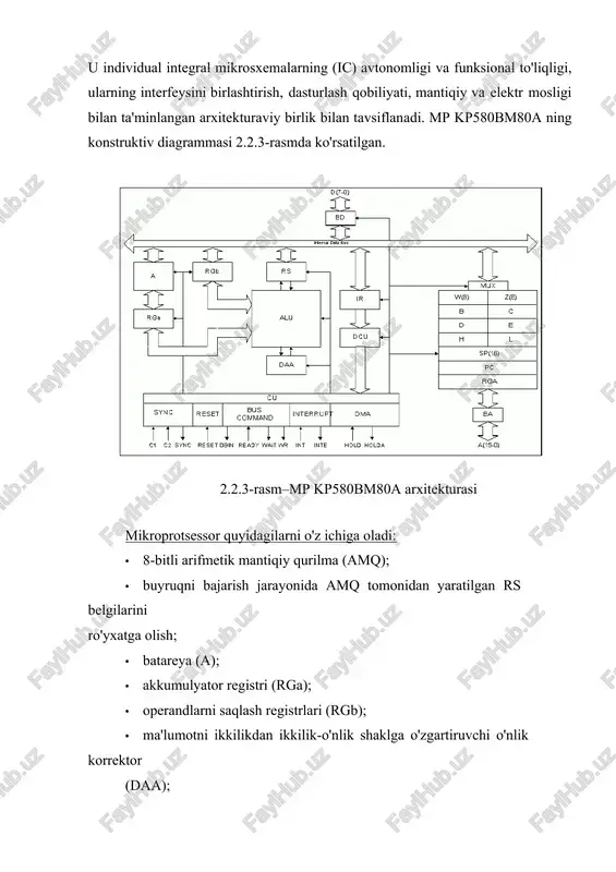 kin; • yordamchi bit registrlari w, z, rga, rgb, ir, w, z, rga registrlari foydalanuvchi uchun dasturiy jihatdan mavjud emas. bundan tashqari, mp 16-bitli bir tomonlama 3-barqaror manzil kanali a (15- 0), 8-bitli ikki tomonlama 3-barqaror maʼlumotlar kanali d (7-0), toʻrtta kirish (reset, ready, int, hold) ga va oltita chiqish (sync, dbin, ready, wait, inte, hlda) boshqaruv signali chiqishlari ega. daa o'nli tuzatuvchisi 10-sonli sanoq sistemasida ifodalangan sonlar bilan ishlashni osonlashtiradi. bufer ma'lumotlar registrlari bd va ba manzili ichki ma'lumotlarni va tashqi shina tomondan manzil shinalarini buferlash uchun ishlatiladi. nazorat va vaqt sxemasi bir qator boshqarish va sinxronizatsiya funksiyalarini bajaradi: • buyruqlar va operandlar tanlovini taqdim etadi; • amq ning to'g'ri ishlashini tashkil qiladi; • barcha mp registrlariga kirishni ta'minlaydi; • havo-blasterlarni sinxronlashtiradi va ularning ishini nazorat qiladi; • mp ni kutish rejimida to'xtatib qo'yadi va mp ni pdp rejimida tizim magistralidan uzib qo'yadi. mux multipleksor registrlar blokidan kerakli registrning …