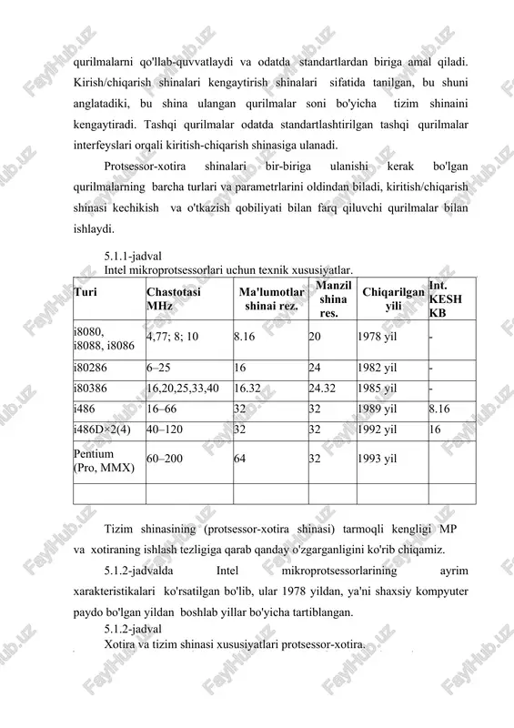 rotsessor-xotira tizimi shinasining xarakteristikalari (ma’lumotlar shinasi chastotasi, maksimal va real tarmoqli kengligi) keltirilgan. tarmoqli kengligi sekundiga baytlarda o'lchanadigan shinani uzatish tezligini anglatadi. 9.1-jadvaldan ko'rinib turibdiki, mp ning 1980 yildan keyin takt chastotasi. 60 baravar oshdi. shu bilan birga, tizimning sahifalangan xotirasi (fpm) ishlash chastotasi 5 barobar oshgan. edoram va sdram dan foydalanish xotira unumdorligini 10 marta oshirdi. shunday qilib, mpishlashi va xotira o'rtasida bo'shliq paydo bo'ldi. ushbu jadval shuningdek, mp va xotirani bog'laydigan tizim shinasi chastotasi 8 marta oshganligini va 66 mhz ga yetganligini ko'rsatadi. kelgusida bu chastotani 100, 133, 200 mhz gacha oshirish rejalashtirilgan. ammo shu bilan birga, bu raqamlar mp chastotasi va tizim shinasining chastotasi o'rtasida doimiy bo'shliq mavjudligini ko'rsatadi, bu chastotalarning nisbati i486 mp dan boshlab 1,5; 2; 2,5; 3 ni tashkil qiladi. tizim shinaining o'tkazuvchanligini oshirish uchun uning kengligi oshiriladi, ya'ni, bir vaqtning o'zida uzatiladigan baytlar sonini. bu davr mobaynida ma'lumotlar shinasi bitlari soni 8 tadan …