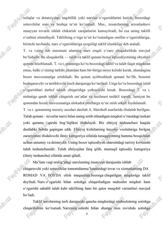 shunchasi haqida dastlabki bobda gapirgan edik. ehtiyoj kishilarning hayotiy vositalariga bwlgan zaruriyatini ifodalovchi ilmiy kategoriya sifatida taraqqiyotning hamma bosqichlari uchun umumiy va doimiydir. uning bozor iqtisodiyoti sharoitidagi tarixiy kwrinishi talab tushunchasidir. talab ehtiyojdan farq qilib, mustaqil iqtisodiy kategoriya (ilmiy tushuncha) sifatida amal qiladi. maʼlum vaqt oraligʻidagi narxlarning muayyan darajasida ishlab chiqaruvchi yoki sotuvchilar tomonidanmaʼlumturdagi tovar va xizmatlarning daromad va foyda olish maqsadida bozorga chiqarilgan miqdoriga taklif deyiladi. narx oʻzgarishi bilan sotishga chiqariladigan mahsulot miqdori ham oʻzgarishi sababli talab kabi taklifning ham bir qator muqobil variantlari mavjud boʻladi. taklif narxlarning turli darajasida qancha miqdordagi mahsulotning sotishga chiqarilishini koʻrsatadi. narxning oshishi bilan shunga mos ravishda sotishga chiqariladigan tovarlar taklifi miqdori ham ortadi, narxning tushishi bilan taklif hajmi qisqaradi. 1. talab tushunchasi va uning miqdoriga ta’sir qiluvchi omillar. talab qonuni biz ehtiyoj tushunchasi haqida dastlabki bobda gapirgan edik. ehtiyoj kishilarning hayotiy vositalariga bo’lgan zaruriyatini ifodalovchi ilmiy kategoriya sifatida taraqqiyotning hamma bosqichlari uchun umumiy …
