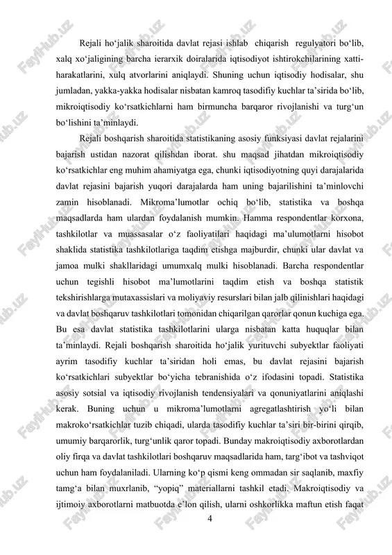ar ta’siridan holi emas, bu davlat rejasini bajarish ko‘rsatkichlari subyektlar bo‘yicha tebranishida o‘z ifodasini topadi. statistika asosiy sotsial va iqtisodiy rivojlanish tendensiyalari va qonuniyatlarini aniqlashi kerak. buning uchun u mikroma’lumotlarni agregatlashtirish yo‘li bilan makroko‘rsatkichlar tuzib chiqadi, ularda tasodifiy kuchlar ta’siri bir-birini qirqib, umumiy barqarorlik, turg‘unlik qaror topadi. bunday makroiqtisodiy axborotlardan oliy firqa va davlat tashkilotlari boshqaruv maqsadlarida ham, targ‘ibot va tashviqot uchun ham foydalaniladi. ularning ko‘p qismi keng ommadan sir saqlanib, maxfiy tamg‘a bilan muxrlanib, “yopiq” materiallarni tashkil etadi. makroiqtisodiy va ijtimoiy axborotlarni matbuotda e’lon qilish, ularni oshkorlikka maftun etish faqat oliy firqa tashkiloti ixtiyoridagi huquqiy masala hisoblanadi. bozor iqtisodiyoti sharoiti uchun esa yuqorida zikr etilgan jihatlarning butun qarama-qarshi holati xarakterlidir. mikroma’lumotlar “tijorat siri” bo‘lib, makroaxborotlar esa barcha foydalanuvchilar uchun ochiq oshkoralikka ega. axborotlarni iste’mol qiluvchilar birgina hukmron firqa va davlat tashkilotlaridan iborat bo‘lmasdan, balki ular oppozittsion firqa va boshqa jamoa tashkilotlarini, bozor tuuilmalari – tijorat korxona va tashkilotlari, uyushmalar, …