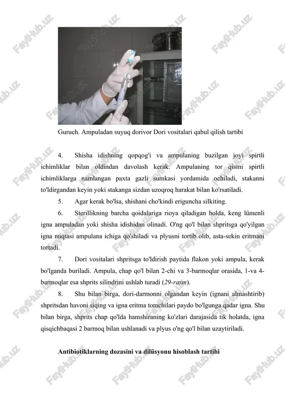 1,5 mmin'ektsiyalar uchun 8-10 sm uzunlikdagi va 0,8 qalinlikdagi ignalar qo'llaniladi. tomirlarga in'ektsiya turli xil asoratlarni keltirib chiqarishi mumkin: infiltratlar va xo'ppozlar, nerv shikastlanishi, giyohvand moddalar emboliyasi, igna sinishi va boshqalar. qarshi usuli mushak ichiga in'ektsiya qilish (dori vositalaring yog'li eritmasi). hamshira harakatlarni quyidagi tartibda amalga oshiradi: 1. inyeksiya uchun qo'lingizni yaxshilab yuving. 2. preparat moddasining nomini ampulada va flakonda retsept bilan tekshiring. dori vositalaring yaroqlilik muddatini, flakon yoki ampulaning yaxlitligini, qabul qilinmaydigan cho'kindi borligini va eritmaning rangi o'zgarishini tekshiring. 3. shprits ignaga tegmasdan yig'iladi. ignaning eshiklarini 2 ni chap qo'lning barmog'i bilan ushlab, tekshiring. 4. yog 'eritmasi bo'lgan ampulani iliq suvda inson tana haroratiga oldindan isitish kerak. 5. shisha idishning qopqog'i va ampulaning buzilgan joyi spirtli ichimliklar bilan oldindan davolash kerak. ampulaning tor qismi spirtli ichimliklarga namlangan paxta gazli sumkasi yordamida ochiladi, stakanni qovurgandan keyin yoki shisha ustidagi yo'nalishga ko'ra, sizdan uzoqlashadi. 6. sterillikning barcha qoidalariga rioya qiladigan holda, …