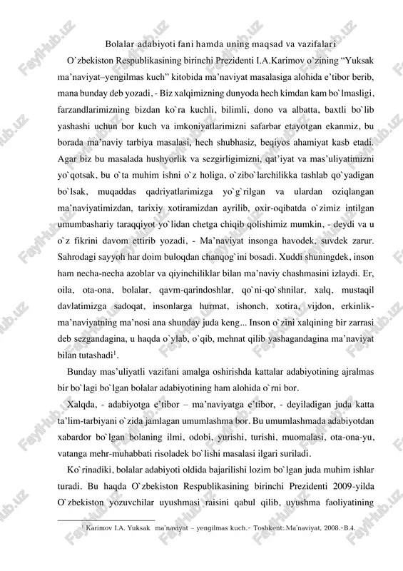 iy tilga suyanadi. adabiy asarning tili uning g`oyaviy mazmunini aniq va ifodali ochib berish vositasidir. yaxshi, aniq, ravon, obrazli, boy til bilan yozilgan asar yozuvchining maqsad va fikrlarini kitobxonlarga tez va oson yetkazadi. alisher navoiy “mahbubul qulub”da tilni “ko`ngil xazinasining qulfi” deb ta’riflaydi. buyuk shoir kishilarni qisqa va mazmunli, chuqur mantiq bilan so`zlashga chaqiradi. bu talab, shubhasiz, bolalar yozuvchilariga ham taalluqlidir. demak, bolalar yozuvchisi sodda, ravon, qiziqarli va mazmundor qilib yoza bilishi kerak. buning uchun esa u xalq tilini puxta bilishi lozim. ravon til bilan yozilgan badiiy asarlar kitobxonning nutqiga ham katta ta’sir ko`rsatadi, so`z boyligini oshiradi. bolalar yozuvchilarining eng yaxshi kitoblari yosh avlodni hayotga to`g`ri munosabatda bo`lishga o`rgatadi, ona-diyorimizga, mehnatga muhabbat, zamonamizga sadoqat ruhida tarbiyalaydi, ularni yurtimizning munosib farzandlari bo`lishga chaqiradi. kitob bolaning dunyoqarashini shakllantirishga yordam beradi, xarakterini tarbiyalaydi. ilm-fanga muhbbatini oshiradi. kitob xalqimizning o`tmishi, ilg`or madaniyatimiz, fan va texnikamiz yutuqlari bilan tanishtiradi, faxr- iftixor tuyg`ularini o`stiradi. bugungi kunda …