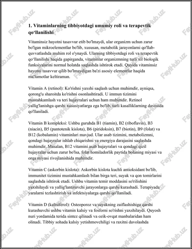 li ko‘rish qobiliyatini yaxshilashda muhim rol o‘ynaydi. a vitaminining asosiy shakllari orasida retinol, retinal va retinoy kislotasi mavjud. ayniqsa, retinol retinaga yetib borganida, retinalga aylanish orqali ko‘rish jarayonini qo‘llab-quvvatlaydi. a vitaminining ko‘rishga ta'siri juda katta. bu vitamin yetishmovchiligi "to‘qsonlamoq" deb ataluvchi uxlamagan joydagi qorong’u adaptatsiyasining buzilishi yoki qorong‘ida ko‘ra olmaslik bilan ifodalanadi. ushbu buzilish ko‘rish qobiliyatining pasayishiga va ko‘rlikka olib kelishi mumkin. ma'lumotlarga ko‘ra, a vitamini yetishmovchiligi jahondagi ko‘rlik holatlarining taxminan 5-10 foiziga sabab bo‘ladi. bundan tashqari, a vitamini dermatologiya sohasida ham keng qo‘llaniladi. u teri hujayralarining o'sishi va yangilanishida muhim ahamiyatga ega. retinoidlar, ya'ni retinoy kislota hosilalari, akne va boshqa teri kasalliklarini davolashda keng ishlatiladi. akne davolashda, retinoidlar teri hujayralarini yangiladi va komedonlarni ochishda yordam beradi. retinoy kislotaning dermatologik foydalari orasida terining qarishini sekinlashtirish ham bor. antioksidant xususiyatlari tufayli, a vitamini erkin radikallarni neytrallashtiradi va terini zararli ta'sirlardan himoya qiladi. bundan tashqari, u kollagen sintezini rag‘batlantirishi bilan ma’lum, bu …