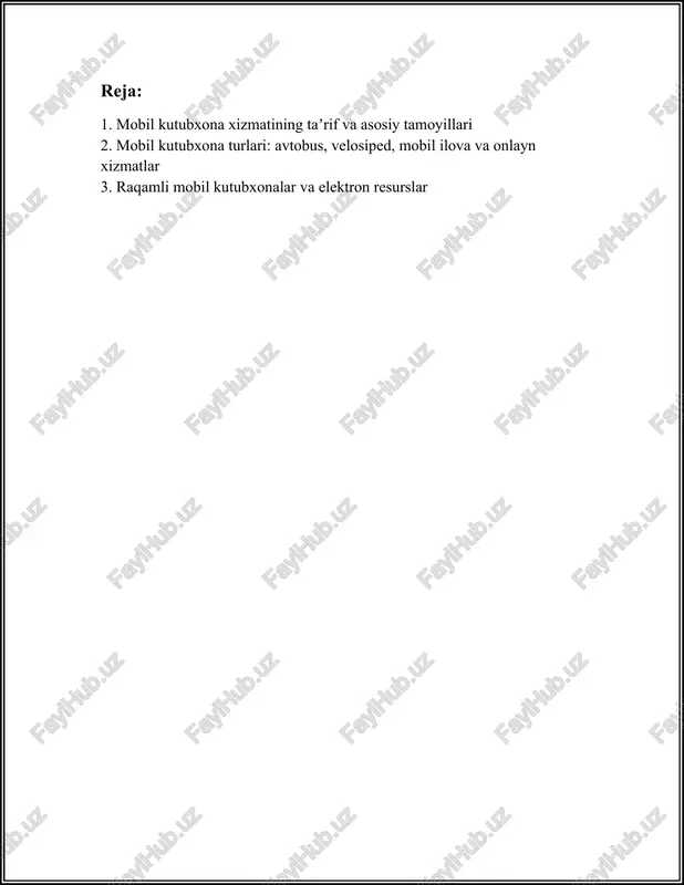 bo'lish talabini qondirishdagi asosiy vositadir. 2. mobil kutubxona turlari: avtobus, velosiped, mobil ilova va onlayn xizmatlar mobil kutubxonalar zamonaviy jamiyatda katta ahamiyat kasb etmoqda. ushbu xizmatlar kitoblarni qabul qilish va o'qishni yanada osonlashtiradi, ayniqsa kitob markazlariga olis joylarda yashovchi odamlar uchun. ushbu modulda biz mobil kutubxona turlariga to'xtalib o'tamiz: avtobus, velosiped, mobil ilova va onlayn xizmatlar. 1. **avtobus kutubxonalari**: ushbu turdagi kutubxonalar maxsus jihozlangan avtobuslar yordamida amalga oshiriladi. avtobus kutubxonalari ko'pincha katta shaharlardan uzoqlashib, qishloqlarga va kichik shaharlarga borib, ular uchun kitoblar va o'qish materiallarini yetkazib beradi. jalb etilgan avtobuslar odatda kitoblar uchun maxsus javonlar va o'qish uchun joy bilan jihozlanadi. bir guruh ma'lumotlarga ko'ra, ayrim yirik shaharlar, masalan, toshkent, har yili 5-10 yangi avtobus kutubxona faoliyatini yo'lga qo'yadi. ushbu avtobuslar har haftada o'rtacha 20-25 ta manzilga borishi mumkin. 2. **velosiped kutubxonalari**: velosiped yordamida kitoblar tarqatish amaliyoti kichik hududlarda yoki qishloq joylarda keng qo'llaniladi, bunda yo'lovchilarga manzilga yetkazib berish vaqti …