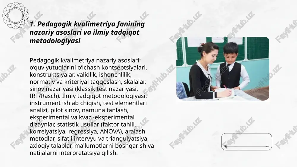 uh: 6–12 ishtirokchi, guruh muhokamasi orqali kollektiv qarashlar. 3) namuna: maqsadli yoki zanjir usuli (snowball), saturatsiya odatda 12–20 intervyu. 4) tahlil: tematik tahlil, kodelash, kategoriyalash, tarkibiy yoki zamin nazariyasi. 5) ishonchlilik: triangulyatsiya, ishtirokchi tekshiruvi, tashqi audit. 6) etika: rozilik, maxfiylik, anonimlik, ma'lumotlarni saqlash. ... t.me/slaydai_bot mixed-methods yondashuvi pedagogik kvalimetrik tadqiqotlarda kvant va kval maʼlumotlarni birlashtirish, triangulyatsiya va ichki-validlikni oshirish uchun qoʻllaniladi. yondashuv konvergent, izohlovchi-sekvensial va kashfiy-sekvensial dizaynlarni qamrab oladi. maʼlumot toʻplash usullari: soʻrovnomalar, testlar, intervyu, kuzatuvlar va hujjat tahlili. tahlil usullari: statistik hisobotlar, tarkibiy va mavzuviy tahlil, integratsiyalashgan interpretatsiya. muammolar: maʼlumotlarni birlashtirish, namunaviy oʻlcham va resurslar. tavsiya: aniq dizayn, pilot sinov va multi-metodli validlik strategiyalari. pedagogik kvalimetriya fanining ilmiy tadqiqot metodlari sevinch eshmuradova e'tiboringiz uchun raxmat! image1.png image2.png image3.png image4.jpg image5.png image6.jpg image7.jpg /docprops/thumbnail.jpeg