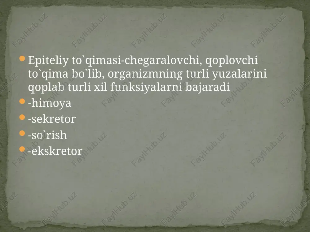 o`llar tarmoqlangan va har bir chiqaruv yo`li bir necha oxirgi bo`lim bilan tugasa oxirgi bo`lim shakliga ko`ra -naysimon -alveolyar -naysimonalveolyar sekretni hujayradan tashqariga chiqarish turiga ko`ra: -apokrin (sut ba`zi ter bezlari) -merokrin(ter va so`lak bezlar) -golokrin(yog` bezlari) 1.hujayrada sekret ishlab chiqarish uchun moddalar to`planishi 2.sekret sintezlanishi 3.sekretor noddaning yetilishi 4.yetilgn sekretning to`planishi 5.sekretor moddaning ajralib chiqishi sekretor sikl oddiy tarmoqlangan alveolyar bez: teridagi yog' bezi image3.png image4.png image5.png image6.png image7.jpeg image8.jpeg image9.jpeg image10.png image11.png image12.png image13.png image14.png image15.png onurenun 2. muorocaoiinesii 1. oanoc-roiintii 1.1, oauopagnntii 1.2, muoropsuimetié tlepe-| | 2.2. heopo- 2.3. oporo- xouhbtii rowenaroumii benaromuntii y ¥ v 1.2.1. tpusmaru- 2.2.1, tmaoexnii 23.1. maoexnit yecknii 2.2.2. kygusecknii 2.2.3. [ipusmati- ecknit (qutmmapiseckuii) v y l.lx.1, beckaewuarsiii || 1.2.1.1, beepecumruarbiil 1 kaemsaretii 1.2.1.2, peenmrsarbstit (mepuarentatsii) 1 mesothelium = _ sar 2 cell junction 5 endothelium in venule and arteriole 3 basement membrane 6 smooth muscle (ts.) 4 connective tissue 1 cell …