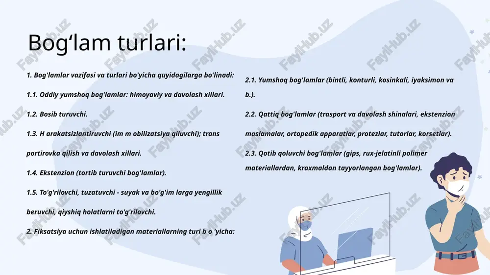 ladi, u chanoq sathi atrofidan foydalanib, chanoq-son bo'g'imini qotirish uchun ishlatiladigan bog'lamni yoki bir tomonlama chov sohasiga qo'yiladigan bog'lamni eslatadi. qattiq bogʻlamlar transport va davolash shinalari transport taxtakash prtotez va ortopedik aparatlar qotib qoluvchi bog'lamlar guruhiga gipsli, rux-jelatinli, kraxmalli hamda yelimli, suyuq shisha, selluloid va polimer materiallar kiradi. qotib qoluvchi bog'lamlar ichida gips bog'lami keng tarqalgan. qotuvchi bogʻlamlar g ipsning sifatini tekshirish uchun quyidagi sinovlar bor: 1. quruqligini aniqlash uchun sinama. quruq gipsning bir qismi olinadi va barmoqlar orasida qisiladi - barmoqlar orasidan gips «oqqandek» chiqadi, agar barmoqlar yozilsa, hosil bo'lgan gips bo'lagi yengil sochiladi. 2. suv bilan sinama. emal idishga yoki shisha idishga ozroq sovuq suv quyiladi (3 qism suvga 5 qism gips) va asta-sekin gips solinadi va shisha, yog'och tayoqcha bilan aralashtirib turiladi. qaymoq singari bir xil massa hosil bo'lgach, u 5-7 daqiqa ichida qotishi kerak. bu massa qiyin sinadi, barmoqlar orasida ezilmaydi va undan nam chiqmaydi. 3. …