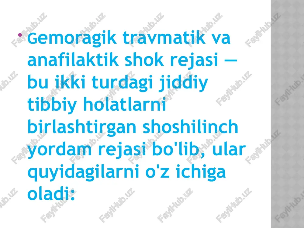 omatik tarzda (epipen) beriladi. —dori dozasi: 0.3-0.5 mg (yosh va og'irlikka qarab). —agar kerak bo'lsa, epinefrinni bir necha marta takrorlash mumkin. 2. antihistaminik va kortikosteroidlar: anafilaksiyani davolashda antihistaminiklar va kortikosteroidlar qo'llanilishi mumkin, lekin epinefrin birinchi yordam bo'lishi kerak. 3. kislorod berish: agar nafas olish qiyinlashsa yoki bemor nafas olishda qiynalayotgan bo'lsa, kislorod berish kerak. 4. qon bosimini nazorat qilish: agar qon bosimi past bo'lsa, intravenoz (iv) suyuqliklar yordamida qon bosimini tiklash zarur. 5. tibbiy yordam chaqirish: anafilaktik shok hayot uchun xavfli holat bo'lib, bemorni tezda shifoxonaga olib borish zarur. 3—— umumiy tavsiyalar: dori-darmonlarni o'z vaqtida olish: anafilaktik shokni oldini olish uchun allergiya bor bemorlar doimo epinefrin injektorini (epipen) o'zlari bilan olib yurishlari kerak. birinchi yordamni tezda ko'rsatish: tezda shoshilinch yordam chaqirish, bemorni kuzatish va kerakli yordamni ko'rsatish hayotni saqlash uchun juda muhimdir. shoshilinch tibbiy yordam: bunday holatlarni davolashda malakali tibbiy yordam ko'rsatish juda muhim. anafilaktik shok e’tiboringiz uchun rahmat! image1.jpeg …