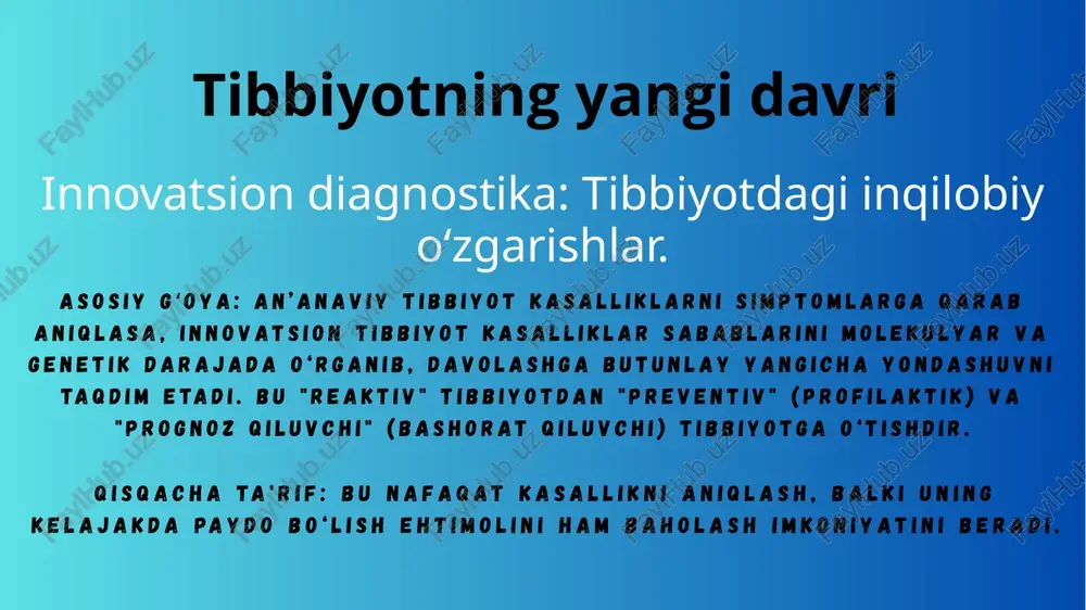 aytalanishini erta aniqlashda keng qo‘llanilmoqda. innovatsion diagnostikaning tibbiyotga ta'siri innovatsion diagnostika yordamida har bir insonning sog‘lig‘i uchun individual xavflarni baholab, unga mos ravishda turmush tarzi va parhez bo‘yicha tavsiyalar berish mumkin. profilaktika: "kasallikni davolashdan ko‘ra uning oldini olish afzal" aniqlik va samaradorlik: noto‘g‘ri tashxis ehtimoli kamayadi. davolash rejalari yuqori aniqlik bilan tuziladi, bu esa resurslarni tejaydi va bemorning sog‘ayishini tezlashtiradi. kelajak: "hujayra darajasida aniqlash" kelajakda diagnostika yanada mikro darajaga tushib, bitta hujayraning holatini baholashga imkon berishi kutilmoqda. innovatsion diagnostika — bu shunchaki texnologik yangilik emas, balki butun tibbiy xizmat modelini o‘zgartiruvchi kuch. u tibbiyotni "umumiy" yondashuvdan "shaxsiylashtirilgan" va "prognoz qiluvchi" yondashuvga o‘tkazib, inson salomatligini saqlashda yangi bosqichni boshlab beradi. bu texnologiyalar bemorlar va shifokorlar uchun yangi imkoniyatlar yaratadi. image5.png image10.svg image6.png image12.svg image1.png image2.svg image2.png image4.svg image3.png image6.svg image4.png image8.svg image7.jpeg image8.jpeg image9.jpeg image10.jpeg image11.jpeg image12.jpeg image13.jpeg image14.jpeg image15.jpeg image16.jpeg g) 1 innovatsion diagnostika usullari va ularning ta’siri diagnostika usullari …