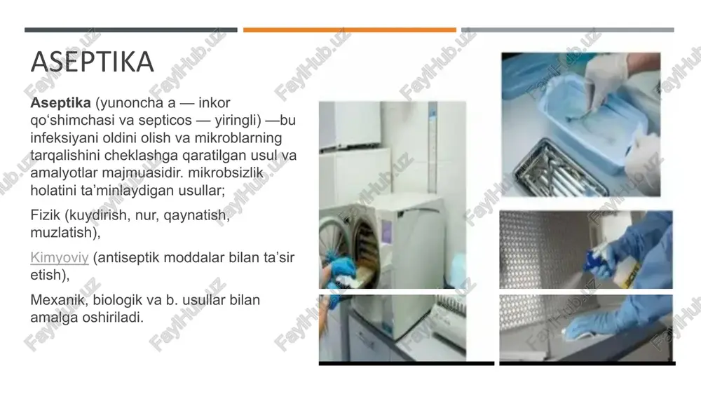 issiqlik sterilizatsiya va antisepsisning eng samarali fizik usullaridan biridir, u qurug issiqlik yoki nam issiqlik sifatida qo'llanilishi mumkin. qurug issiqtit ~ issiq have pechlari yoki olovli sterilizatsiya kabi namliksiz yugori haroratga: ta'sir qilishni o'z tchiga oladi - skalpel, igna yoki shisha idishlar kabi asboblarni sterilizatsiya qflish uchun samarall - 1-2 seat davomida 160 ° © dan yugori haroratlas odatda ko'pchilik mikroorganizmlami, shu jumladan sporalarnt oldirish uchun ishlatiladi. ~ narn issiqlik (bup’ sterilizatstyasi): ~ bosim ostida bug (avioklaviash) quruq issiglikdan ko'ra samaralirog, chunki namlik issiqlikning kirib borishini osonlashtiradi. - avioklaviar jarrohlik asboblari, laboratoriya fihozlari va tibbiy'chiqindilam# sterilizatsiva jilish uehun keng go'llaniladi, standart shartlar 15-30 dagiqa davomida 15 psi bosimda 121.9 ~ nami issiqlik bakteriyalar, viruslar, zamburug'lar va-sporalarni o'ldirishda ayniqsa yaxshi /docprops/thumbnail.jpeg aseptik va antiseptiklar
