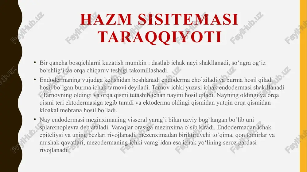 desmosomalar orqali bog‘langandir. 3. yuza qavat 2 - 4 qatlam yassi hujayralardan iborat. eng yuza hujayralarida yadrolar bo`lmasligi mumkin. lab tuzilishi labda 3 qism teri (pars cutanea), ko‘p qavatli yassi muguzlanuvchi epiteliy bilan qoplangan. bu qismda ter va yog` bezlari, sochlar bo`ladi. oraliq (pars intefmedia) ikki: tashqi silliq va ichki so‘rg ichli zonadan iborat shilliq (pars mucosa) lab o‘zida ko ‘ndalang-targ`il mushak tutadi. xususiy plastinka so‘rg‘ichlari teri qismiga nisbatan kaltaroq. xususiy qavat bevosita shilliq osti pardasiga o‘tib ketadi va ko‘ndalang-targ’il mushaklarga tutashadi. shilliq osti pardasida so’lak bezchalarining oxirgi qismlari joylashadi. milk milkda bog‘langan va erkin qismlar ajratiladi. milkning bog‘langan qismi barcha suyak alveolyar o‘simtalari yuzasini qoplagan milkning tish yuzasi bilan bog’langan tomoni milkning erkin qismini hosil qiladi. bu tuzilmaning chuqurligi 1,5 m m cha bo‘lib, tish -milk kasalligida (ayniqsa, parodontoz) ham da ularni davolash jarayonlarida bu xaltacha muhim ahamiyat kasb etadi milkda mushak qatlami bo’lmaydi lunj lunj - mushakli a’zo …
