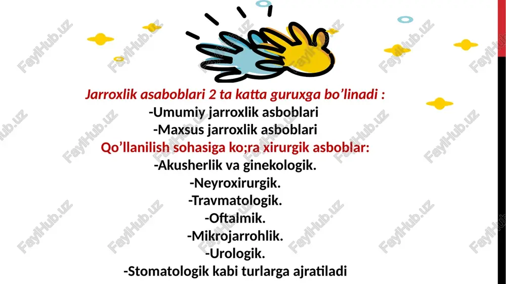 aniladi? tajribali jarrohlar, ginekologlar, urologlar, onkologlar qo'lida diagnostik laparoskopiya tashxisni aniqlashtirish va gistologik tekshirish uchun biopsiya olishning ajralmas usuliga aylandi. laparoskopiyadan foydalanishning asosiy sohasi qorin bo'shlig'ida va tos bo'shlig'ida joylashgan organlarda operatsiyalardir. bu erda laparoskopik jarrohlik ustunlik qilgan kasalliklarning to'liq bo'lmagan ro'yxati keltirilgan: xolelitiyoz, inguinal churra, appenditsit, oshqozon va yo'g'on ichakning onkologik kasalliklari, hiatal churra, buyrak va buyrak usti bezlarining o'smalari, jarrohlik davolashni talab qiladigan ginekologik kasalliklar va boshqalar. zamonaviy laparoskopik aralashuvlar hatto bemorning hayotiga xavf tug'diradigan o'tkir holatlarda shoshilinch jarrohlik kabi jiddiy tibbiy muammolarni hal qilishda ham dolzarb bo'lib qoldi; haddan tashqari semirib ketgan bemorlarda jarrohlik. va shu bilan birga, hatto bunday qiyin vaziyatlarda ham, bu usullar past travma va laparoskopiyaning yuqori aniqligi bilan bog'liq bo'lgan afzalliklarning butun ro'yxatini saqlab qoladi. zamonaviy operatsiyalarning hech biri oldindan tayyorlangan zarur vositalar to'plamisiz amalga oshirilmaydi. asosiy jarrohlik asboblari to'plamiga quyidagilar kiradi: 1.to'g'ridan-to'g'riqisqich "forseps" (bir yoki bir nechta bo'lishi mumkin). 2kiyim pinlari (kiyinishni …