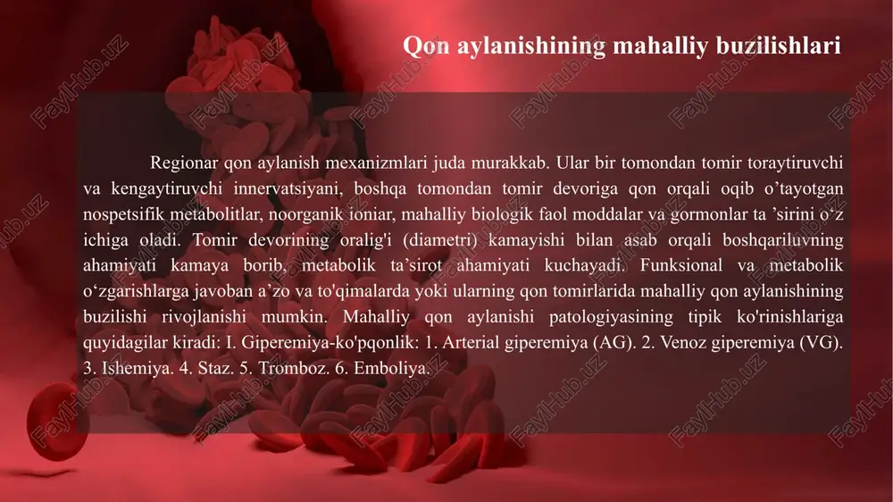 a oyoq venalarida qon to'planib qolishi; 6) o'pka faoliyati, ayniqsa uning elastikligi zaiflashganda, ko'krak qafasining so'rib olish xususiyati susayishi natijasida katta qon aylanish doirasining vena tomirlarida qon dimlanishi. vena giperemiyasi rivojlanish mexanizmida vena qon oqimiga mexanik to'siq paydo bo'lishi va qon oqimining laminarligi yo'qolishi rol o'ynaydi. belgilari: 1) vena giperemiyasi yuz bergan to'qima yoki a’zoning venoz qon to'planishi va qonda karboksigemoglobin miqdori oshib ketishi tufayli ko'kimtir qizg'ish (tsianoz) tusga kirishi; 2) kengaygan tomirlardan issiqlik berilishi oshishi va modda almashinuvi sekinlashuvi natijasida to'qima yoki a’zo haroratining pasayishi; 3) qon to'planishi tufayli to'qima yoki a’zo hajmining kattalashuvi; 4) venalarning to'siqdan keyingi joylarida qon bosimining haddan tashqari oshib ketishi va uning natijasida qonni yurakka qaytishining qiyinlashuvi; 5) gipoksiyaning rivojlanishi va modda almashinuvining buzilishi natijasida a’zo faoliyatining susayishi. ishemiya - mahalliy kamqonlik ishemiya - to'qimaga arteriyadan qon oqib kelishi pasayishi yoki to'xtab qolishi natijasida yuzaga kelgan mahalliy kamqonlikdir. ishemiyada oqib kelayotgan qon miqdori bilan …