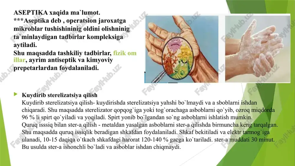 jarohatlarni va ularni tozalab davolashda ishlati-ladigan asboblarni kimyoviy moddalar bilan yuqumsizlantirish usuli. 1867-yilda ingliz olimi j. lister fransuz bak-teriologi l. paster tajribalariga asoslanib operatsion xona havosidagi, jarroh qoʻlidagi va jarohatga ishlati-ladigan narsalar (doka, jarrohlik as-boblari) dagi bakteriyalarni yoʻqotish bilan jarohatlarni koʻpgina asoratlardan saqlab qolish mumkin, degan xulosaga keldi. buning uchun u 5% li karbol kis-lota eritmasiga hoʻllangan bir necha qavat bogʻlov ishlatdi. antiseptik kimyoviy preparatlar yuza va chuqur qoʻllanadi. yuza a.da jarohat va boʻshliklar xlora-min, xloratsid, vodorod peroksid, kaliy permanganat va boshqa moddalar eritmasi bilan yuviladi yoki jarohat yuzasiga antisep-tik mazlar (mas, a. v. vishnevskiy mazi) surtiladi. chuqur a.da esa avj olayotgan jarohat atrofidagi teri ostiga anti-septik suyuqliklar (furatsilin, riva-nol va boshqa eritmalar), teri osti, muskul orasi yoki venaga antibiotiklar singari antiseptik moddalar yuboriladi. ikkala holda ham mikroblar yo oʻldiriladi yoki ularning hayot faoliya-ti uchun noqulay sharoit tugʻdiriladi. hozir mexaniq fi-zik, kimyoviy va biologik a. usullari mavjud. a. jarrohlik davo …