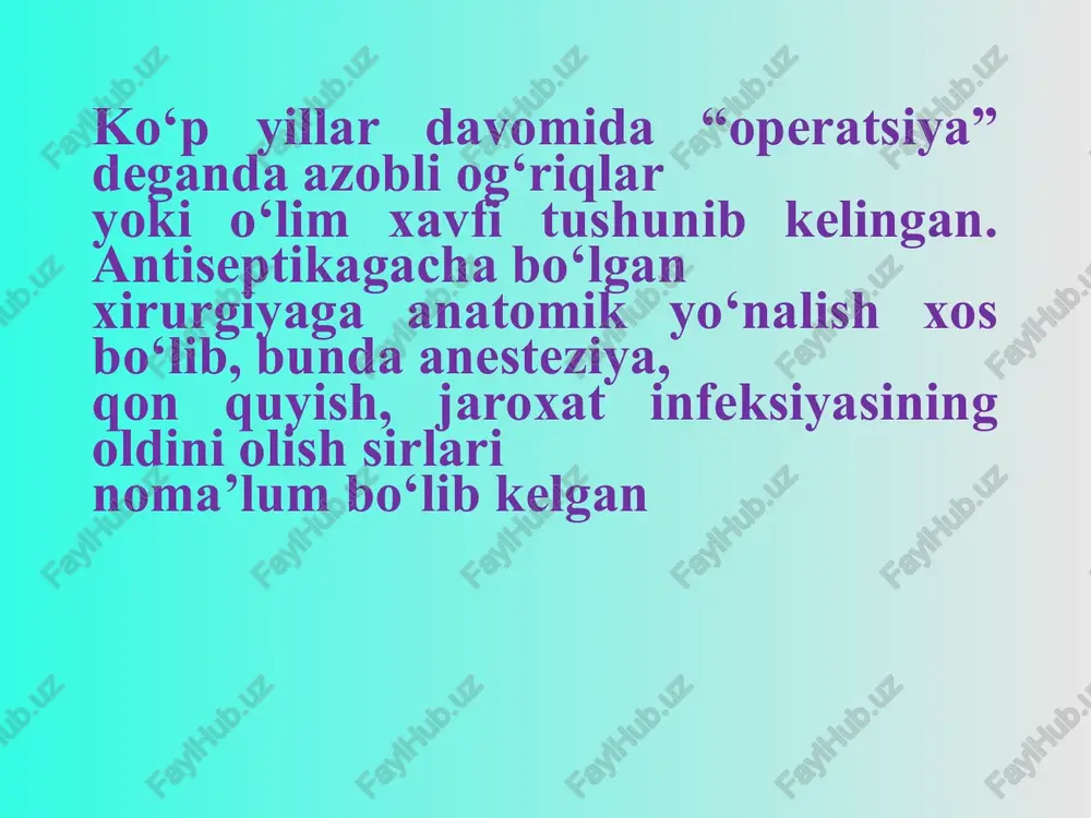 shirish. 2. vanna buyurish va kiyimlarini almashtirish. 3. operatsiya maydonidagi sochlarni qirib tozalash xirurgik operatsiya bir nechta bosqichga bo‘linadi: 1. bemorni operatsiya stoliga yotqizish. 2. operatsiya maydonini tayyorlash. 3. og‘riqsizlantirish. 4. operativ yo‘lni tanlash. 5. operatsiyani amalga oshirish. 6. operatsiyani tugatish. bemorlarning operatsiya stolidagi holati 1. chalqancha holati. 2. trendelenburg holati. 3. yonbosh holatlari. 4. ginekologik holat. 5. qoringa yotgan holat. 6. bemorning yarim o‘tirgan holati: orqa kalla bo‘shlig‘idagi operatsiyalarda bemorning chalqancha holatida o‘rta-o‘rta laparotomiya qilish bemorning operatsiya stoliga yonboshi bilan yotqizish operatsiya amalga oshiriladigan soxa operatsiya maydoni deyiladi. teriga ishlov berilganidan keyin operatsiya maydoni choyshablar bilan yopiladi va faqat kesma qilinadigan joygina ochiq qoldiriladi. operatsiya soxasini bekitish uchun katta kichik choyshablar, sochiqlar va salfetkalar ishlatiladi hajmi unchalik katta bo‘lmagan, ambula-tor operatsiyalarda mahalliy anesteziya yor-damida muayyan soxadagi nerv oxirlarida og‘riq sezgisi yo‘qotiladi narkoz ostida qilinadigan operasiyalarda operatsiya maydoni narkoz berilganidan ke-yin tayyorlanadi, chunki bemor narkozning qo‘zg‘alish davrida operatsiya maydonining sterilligini …