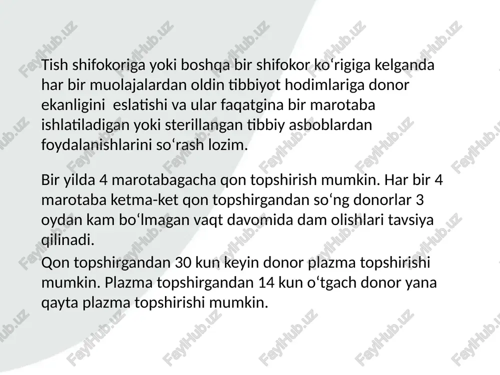 i bosqish: qon olish 450 ml qonni olish uchun 12 daqiqa vaqt kerak bo‘ladi. hamda shu vaqt ichida probirkada test va tekshirish uchun oz miqdordagi qon ham olinadi. olingan qon orqali donorning qon guruhi va qonda bo‘lishi mumkin bo‘lgan yuqumli kasallilar – oits, virusligepatit b, gepatit c, zahm aniqlanadi. oltinchi bosqich: dam olish va ovqatlanish qon topshirganingizdan keyin, siz bir necha daqiqa davomida hamshira kuzatuvi ostida bo‘lasiz. jo‘nab ketishdan oldin markaz tomonidan sizga nonushta beriladi. donor jo‘nab ketgandan so‘ng, olingan qon maxsus joyda saqlanadi. tekshirish va test amalga oshiriladi. agar tekshirish jarayonida qandaydir salbiy natijalar chiqsa, donor qisqa muddat ichida qon olishi muolajasini amalga oshirgan shifokor tomonidan markazga chaqiriladi: qon topshirish anonimik va beg‘araz tarzda amalga oshadi. hech qanday ma’lumot respublika oits yoki boshqa shifoxonalarga jo‘natilmaydi 18 yoshdan 60 yoshgacha bo‘lgan, vazni 50 kg dan yuqori har bir shaxs qon topshirishi mumkin. donorlik qilish uchun kimlar qon topshirishi mumkin? ikkita …
