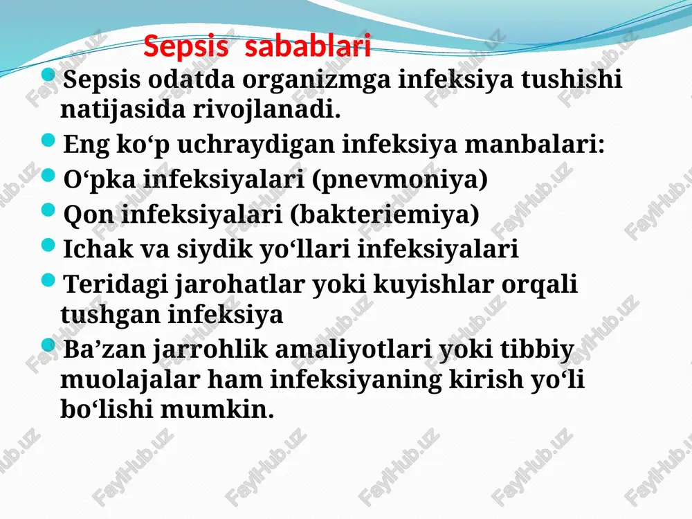 – ayniqsa, kimyoterapiya yoki immunosupressiv dorilar qabul qilayotgan bemorlarda infeksiya xavfi yuqori. ✅ oiv/oits – immunitet zaiflashgani sababli organizm infeksiya bilan kurashishga qodir bo‘lmaydi. ✅ surunkali buyrak yetishmovchiligi – dializ oladigan bemorlarda infeksiyalar osonlikcha sepsisga aylanishi mumkin. ✅ jigar sirrozi – jigar infeksiyalarni zararsizlantirish funksiyasini yo‘qotadi, bu esa bakteriyalar qon orqali tarqalishiga imkon yaratadi. 3. shifoxonada davolanish yoki jarrohlik aralashuvlari ✅ katta jarrohlik operatsiyalari – ayniqsa, steril sharoitlar buzilgan bo‘lsa, infeksiya tushish xavfi oshadi. ✅ sun’iy ventilyatsiya (intubatsiya) – uzoq muddat sun’iy nafas olish apparatida bo‘lgan bemorlar o‘pka infeksiyasiga moyil bo‘ladi. ✅ kateterlar va protezlar – venoz kateterlar, siydik kateterlari yoki protezlar orqali bakteriyalar organizmga tushishi mumkin. ✅ uzoq muddat shifoxonada yotish – shifoxona muhitida ko‘p uchraydigan antibiotiklarga chidamli bakteriyalar infeksiyani kuchaytirishi mumkin. 4. travmalar va kuyishlar ✅ chuqur yaralar va kuyishlar – ochiq yaralar orqali bakteriyalar to‘qimalarga kirib, qon infeksiyasini chaqirishi mumkin. ✅ suyak infeksiyalari (osteomielit) – suyak yoki …