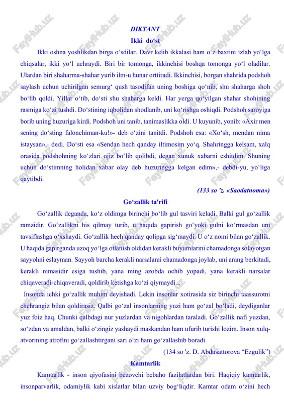 faqat o‘ttiztasi bir manzilga borib yetadi. semurg‘ qush bunda ham topolmaydilar. nihoyat, ular semurg‘ o‘zlari ekanini, tojikcha «simurg‘» o‘ttiz qush demak ekanini anglaydilar. charchamay-hormay bir maqsadga intilish ularni semurg‘ darajasiga ko‘targan. (137so‘z. mirkarim o) keksalik – donolik haqiqatan ham, keksalar juda dono bo‘lishadi. chunki ular o‘z umrlari davomida ko‘p narsalarni ko‘rib-bilib, kerakli xulosalar chiqaradilar. xalqimiz keksalarni e'zozlab: «qarisi bor uyning parisi bor» yoki «qari bilganni pari bilmas» maqollarini yaratgan. bu maqollarda chuqur ma'no bor. qariyalar bor uy fayzli bo‘ladi, chunki ular yoshlarga yo‘l-yo‘riq ko‘rsatib, to‘g‘ri yo‘lga boshlaydilar. ularning ibratlari va nasihatlariga amal qilsangiz xonadoningiz nurga to‘ladi. otaxon shoirimiz quddus muhammadiy «aziz bobom» she'rida qariyalarni: bir aziz bobom bor dunyoda tanho, xushtabiat, xushqomat, muloyim, dono, ko‘nglining kengligi yer, kurra, osmon. ko‘zlari nuroniy oynayi jahon, deb maqtaganlar. inson hayoti bamisoli aylanguvchi charxpalakka o‘xshaydi. u - bugun bola, so‘ngra ulg‘ayib ota-ona, keyin esa bobo, buvi bo‘ladi. buvilik, bobolik baxtiga muyassar bo‘lganlar farzand va …