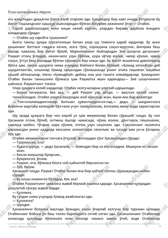 qdi. bu chol hasanali otliq bo'lib, oltmish yoshlar chamasida, cho'ziq yuzlik, do'nggiroq peshonalik, sariqqa moyil, to'garak qora ko'zlik, oppoq uzun soqollik edi. soqolining oqlig'iga qaramasdan uning qaddida keksalik alomatlari sezilmas va tusida ham uncha o'zgarish yo'q edi. otabek mehmonlarni tanchaga o'tquzib, fotihadan so'ng hasanalidan so'radi: · tuzukmisiz, ota? · xudoga shukur, — dedi hasanali, — boyag'idan bir oz engilladim. mazmuni is tekkan ekan. · ba'zi yumushlar buyursam... · buyuringiz, o'g'lim. · rahmat, ota, bo'lmasa bizga choy qaynatib bersangiz-chi. · xo'b, begim. hasanali chiqdi. rahmat otabek bilan yana bir qaytib sog'liq so'rashqandan keyin so'radi: · bu kishi kimingiz bo'ladir, bek aka? otabek rahmatning savoliga javob bermay eshikka qaradi. hasanalini hujradan uzoqlatib so'ngra javob berdi: · qulimiz. bu so'zdan nima uchundir homid ajablangan edi. · qulingiz? · shundog'. hasanalini bolaliq vaqtida erondan kishi o'g'irlab kelguchi bir turkman qo'lidan otabekning bobosi o'n besh tillo barobariga sotib olgan edi. hasanalining otabeklar oilasida qulliqda bo'lg'anig'a …