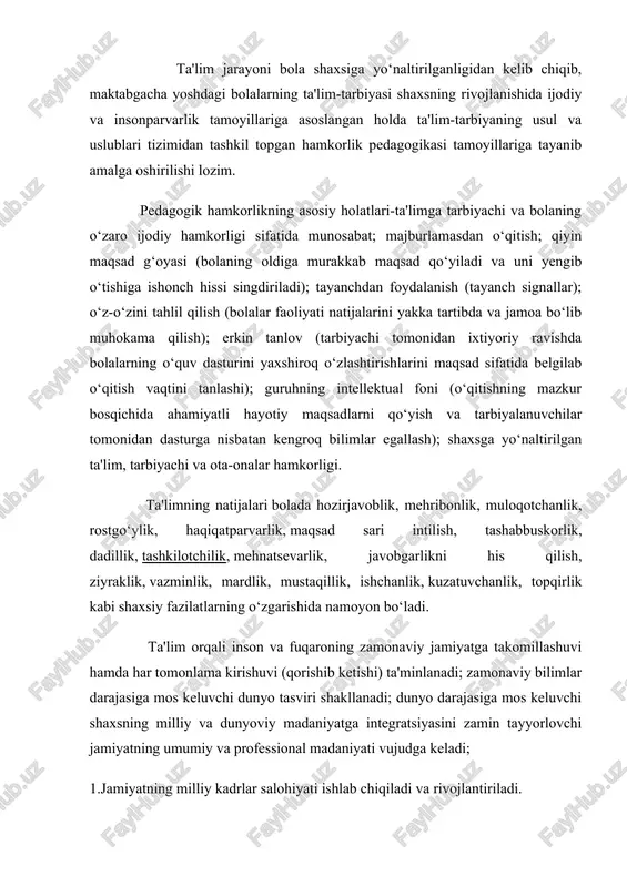 y anglash orqali kashf etiladi. tubdan o‘zgartirilgan o‘qitish – bola va pedagogning hamkorlikdagi tubdan o‘zgartirilgan (ko‘rgazmali-rivojlantiruvchi) pedagog va bola shaxsini mustaqil tarbiyalashga yo‘naltirilgan faoliyati, qaysiki shaxsiy mazmunni hayotiy bo‘shliqda qimmatli ahamiyatga ega bo‘lgan, pedagog va bolaning universallashtirilgan tizimi. tubdan o‘qitish quyidagi yondashuvlarni nazarda tutadi: maktabgacha ta'lim sohasi uzluksiz ta'lim tizimining dastlabki bo'g'ini bo'lishi bilan birga keyingi ta'lim tizimida, bolani maktabga tayyorlashda muhim ahamiyat kasb etadi. bugungi kunda bu ta'lim sohasi davlat siyosati darajasiga ko'tarilishi bejiz emas. mamlakatimizda ilm-fanni yanada ravnaq toptirish, yoshlarimizni chuqur bilim, yuksak ma'naviyat va madaniyat egasi etib tarbiyalash, raqobatbardosh iqtisodiyotni shakllantirish borasida boshlagan ishlarimizni jadal davom ettirish va yangi, zamonaviy bosqichga ko'tarish maqsadida muhtaram prezidentimiz shavkat miromonovich mirziyoev bu tizimni chuqur tahlil qilib, shu paytgacha nazardan chetda bo'lgan eng kichik jihatlarigacha e'tibor qaratdi. bugungi kunda maktabgacha ta'lim muassasalarining ta'lim dasturlari va o'quv-tarbiyaviy rejalariga qo'yilgan davlat talablarini takomillashtirish dolzarb masalaligicha qolayotganligi aniqlandi. bolalarni maktabgacha ta'limga qamrab olish ko'rsatkichi …