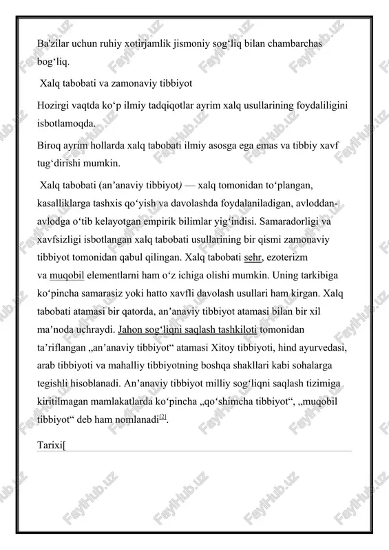 irlashtirgan. shunday qilib, bu atama kasalliklar va ularni qanday davolash kerakligi haqida odamlar orasida hukm surayotgan deyarli koʻrinmas turli xil gʻoyalarni oʻz ichiga olagan. bu davrda shifokorlar aholining tibbiy tushunchalarini oshkor etishdan tortinmadilar va ularning bilimlarini birlashtirishni maqul topdilar. jeremiah gotthelf oʻzining „anne bäbi jowäger haushaltet und wie es ihm mit dem dokteren geht“ (1843 — 1844) asarida xuddi shunday yoʻl tutganini koʻrsatib beradi. xix asr oxirida tibbiyot yoʻnalishlariga ilmiy dalillarga asoslangan yondashuvni ishlab chiqqan „xalq tabobati“ tushunchasi kirib kela boshladi. xx asr oxiriga kelib xalq tabobati mamlakatlar orasida ham keng tarqaldi. klassik tibbiyotdan farqli ravishda xalq tabobati asosan irratsional anʼanaga asoslangan tibbiyot sifatida qoʻllanila boshladi. xalq tabobati tomonidan toʻplangan maʼlumotlar qadimgi dunyoning eng yirik shifokorlari — sushruta, gippokrat va galen, a. sels, keyinchalik — ibn sino asarlaridan olingan. rossiya xalqlari xalq tabobatining xususiyatlarini xviii asr oxirida ilmiy ekspeditsiya ishtirokchilari p. s. pallas, v. f. zuev, i. gmelin, s. p. …