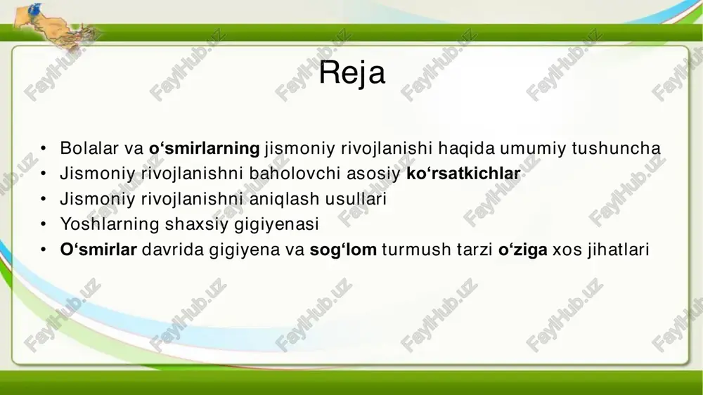 lishtiradi. rivojlanish ko'rsatkichlarida foizlar, bola o'lchovlari boshqa o'rtacha yosh va jinsdagi boshqa bolalarga qaraganda qayerda joylashganligini ko'rsatadi. rivojlanish ko'rsatkichlarida regular o'lchovlar bola rivojlanish jarayonini kuzatib borishga yordam beradi va erkin davrda potentsial muammolarini aniqlashga imkon beradi. jismoniy rivojlanishni ta'sir qiladigan ko'rsatkichlar 1 2 3 genetik ko'rsatkichlar oziq-ovqat ko'rsatkichlari ekologik ko'rsatkichlar bo'yi, jismoniy turi va metabolizm kabi genetik ko'rsatkichlar jismoniy rivojlanishni sezilarli darajada ta'sir qila oladi, shunchaki kasallik massasi va suyi tuzilmasi kabi xususiyatlarini aniqlaydi. proteinkalar, vitaminlar va mineral turlaridan tashkil topgan muvozanatli ovqatlanish, bolalar va o'smirlarning sog'lom rivojlanishi va o'sish uchun zarur bo'lib, bu muhimdir. tozalik suviga kirish, havo sifati va zaharlar bilan doimiy ta'sir bo'lishi kabi ekologik ko'rsatkichlar jismoniy rivojlanishga ta'sir qila oladi, potentsial ravishda rivojlanishni to'xtatib, sog'liqqa muammolar chiqarishi mumkin. tse eats i yoshlarga shaxsiy gigiyena haqida o'qitish shaxsiy gigiyena o'qitishining ahamiyati yoshlarga shaxsiy gigiyenani o'rgatish, kasalliklarni oldini olishda va umumiy yaxshilikni rag'batlantirishda muhimdir. shaxsiy gigiyena o'qitishda qo'llaniladigan …