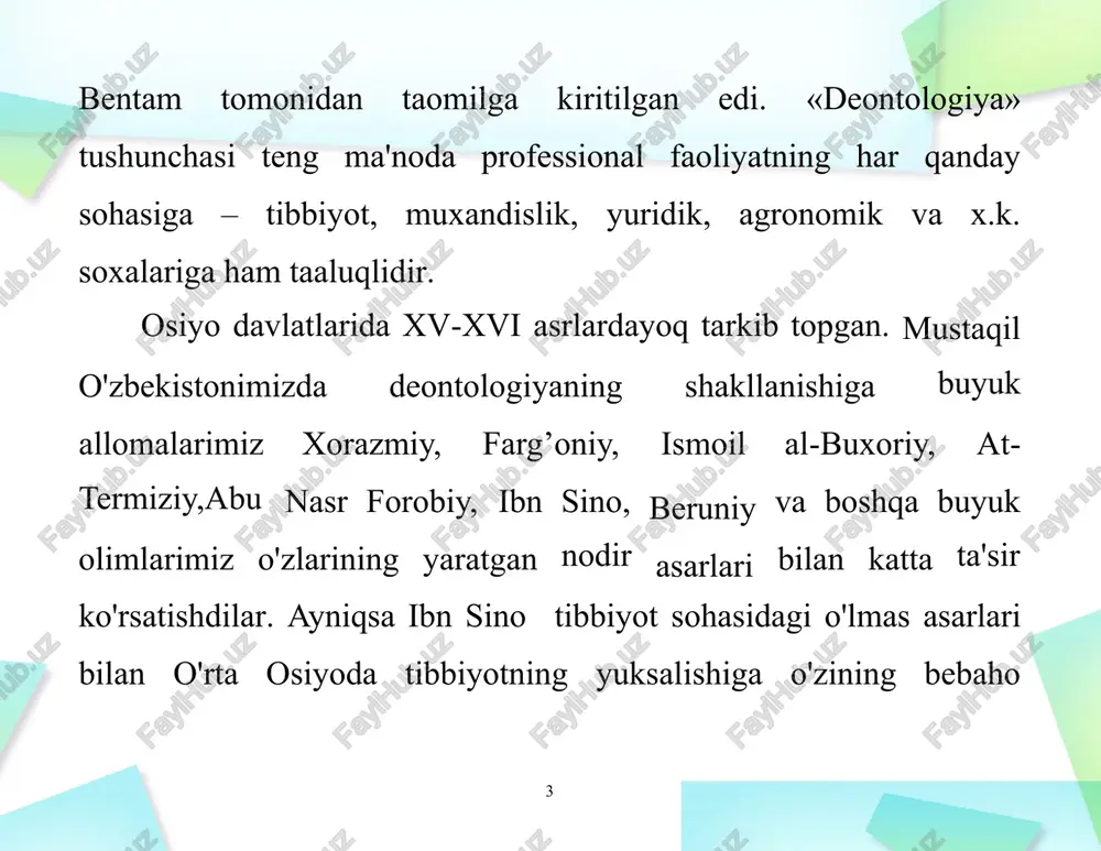 a hamshiraning o'z bemorlariga g'amxo'rligi va diqqat e'tibori ifodalanadi. 7 biroq xarakterda hamshiraning diqqat e'tibori va samimiyligi intim bo'lmasligi, bemorlar o'zlari bilan hamshira o'rtasidagi masofani suiste'mol qilishga yo'l qo'ymaslik kerak. tibbiyot hodimi, shu jumladan tibbiyot hamshirasi vrachlik sirini qattiq sir tutishi kerak. vrachlik siri deganda quyidagilar tushiniladi: 1) bemor to'g'risidagi ma'lumotlar va bu ma'lumotlarni tibbiyot hodimi bemorning o'zidan yoki davolash jarayonida oladi va ular jamoatchik orasida ma'lum qilinmaydi; 2) bemor to'g'risidagi ma'lumotlar; (kasallikning noxush yakuni, tibbiyot bemorga psixologik ziyon yetkazuvchi diagnoz v ax. k.) hodimi bu ma'lumotlarni bemorga ma'lum qilmaydi. 8 adabiyotlar 1. 2. 3. 4. 5. 6. barkamol avlod o'zbekiston taraqqiyotining poydevorit. barkamol avlod orzusi t. 2000 psixologiya slovar 1990 - 1997 yil. umumiy va tibbiy psixologiya t - 2003 tibbiyot psixologiyasi www.ziyonet.uz etikasi va deoitologiyasi asoslari t. 1997 9 image2.jpeg image3.png image4.png