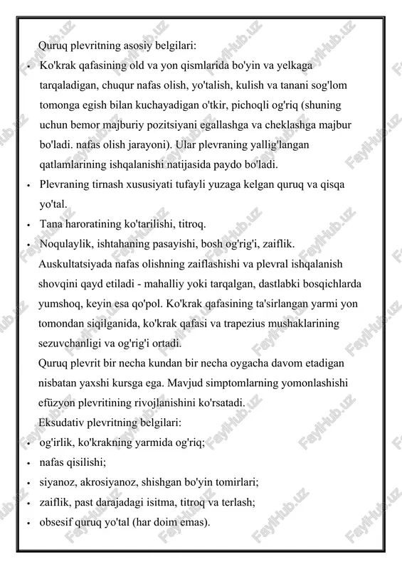 g bo'rtib ketishi va kengayishi, zararlangan tomonda to'qimalarning shishishi, nafas olishning kechikishi aniqlanadi. plevra bo'shlig'ida katta hajmdagi suyuqlik to'planganda, yurak va mediastinal organlar sog'lom tomonga o'tadi. agar bu to'satdan sodir bo'lsa, o'tkir yurak-qon tomir etishmovchiligi rivojlanishi mumkin. sog'lig'ingizga jiddiy e'tibor berish bunday xavfli holatning oldini olishga yordam beradi - o'pka plevritining belgilariga o'xshash birinchi alomatlar paydo bo'lganda shifokor maslahatiga borish. bu sizning sog'lig'ingizga ushbu kasallikning salbiy oqibatlarini oldini oladi. plevritning sabablari plevritga yuqumli yoki yuqumli bo'lmagan (yallig'lanish) omillar sabab bo'lishi mumkin. yuqumli sabablar: · bakteriyalar (stafilokokklar, pnevmokokklar, mikobakteriyalar, treponema, tulyaremiya tayoqchasi, brusella, escherichia coli va pseudomonas aeruginosa); · viruslar (gerpes, gripp); · zamburug'lar (kandidoz, blastomikoz, koksidioidomikoz); · parazitlar (echinokokklar, amyobalar). yuqumli vosita plevra bo'shlig'iga turli yo'llar bilan kirishi mumkin: kontakt, qon yoki limfa oqimi bilan, yaqin yoki uzoqda joylashgan surunkali infektsiya o'choqlaridan. yuqumli bo'lmagan sabablar: · otoimmün kasalliklar (revmatik jarayonlar, sle, vaskulit, skleroderma); · plevra (mezotelioma), bronxlar yoki o'pkaning malign …