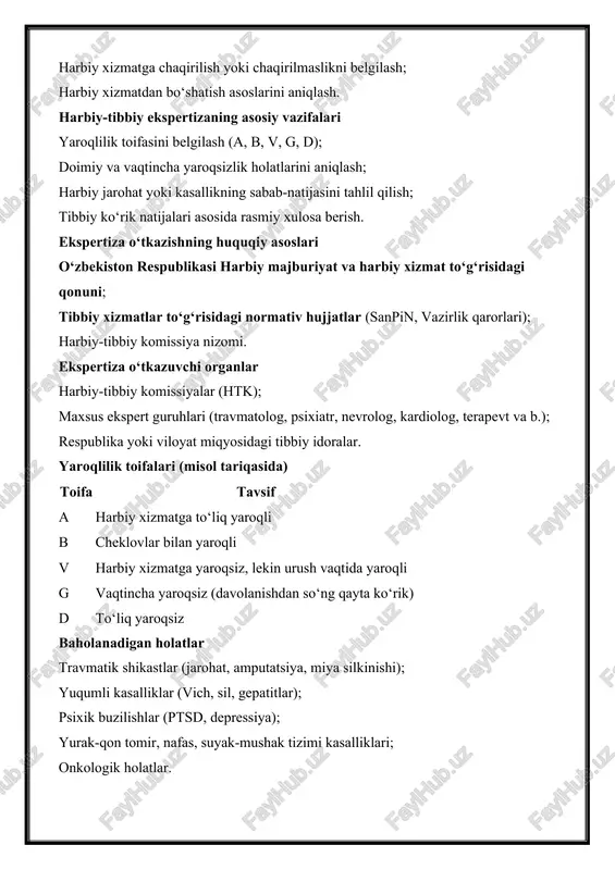 agi normativ hujjatlar (sanpin, vazirlik qarorlari); harbiy-tibbiy komissiya nizomi. ekspertiza o‘tkazuvchi organlar harbiy-tibbiy komissiyalar (htk); maxsus ekspert guruhlari (travmatolog, psixiatr, nevrolog, kardiolog, terapevt va b.); respublika yoki viloyat miqyosidagi tibbiy idoralar. yaroqlilik toifalari (misol tariqasida) toifa tavsif a harbiy xizmatga to‘liq yaroqli b cheklovlar bilan yaroqli v harbiy xizmatga yaroqsiz, lekin urush vaqtida yaroqli g vaqtincha yaroqsiz (davolanishdan so‘ng qayta ko‘rik) d to‘liq yaroqsiz baholanadigan holatlar travmatik shikastlar (jarohat, amputatsiya, miya silkinishi); yuqumli kasalliklar (vich, sil, gepatitlar); psixik buzilishlar (ptsd, depressiya); yurak-qon tomir, nafas, suyak-mushak tizimi kasalliklari; onkologik holatlar. sud tibbiyoti ekspertizasining turlari sud-tibbiyoti ekspertizasi tayinlanishi va o’tkazilishi quyidagilarga bo’linadi: 1) birlamchi ekspertiza; 2) qo’shimcha ekspertiza; 3) qaytadan ekspertiza o’tkazish; 4) komission ekspertiza; 5) kompleks ekspertiza. birlamchi ekspertizada ob’ektni birinchi marta tekshiruvdan o’tkazib, buning asosida ekspert xulosasini tuzish. qo’shimcha ekspertiza ko’pincha ekspertiza paytida xulosa tuzishda ekspertni oldida biror qo’shimcha savol tug’ilganda o’tkaziladi. qaytadan ekspertiza asosan agar o’tkazilgan birlamchi ekspertizaning xulosasiga …