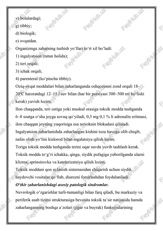 ar va buyrak) funksiyalarining buzilishi hisobiga bo‘ladigan intoksikatsiyalar natijasida kelib chiqadi. eng og‘ir psixonevrologik o‘zgarishlarga intoksikatsion psixoz, toksik koma, tirishish sindromi kiradi. yurak-tomir faoliyatining buzilishi bu toksik shok bo‘lib, u arterial bosimining birdaniga pasayishi, teri oqarishi, taxikardiya, hansirash, qon tarkibining o‘zgarishi bilan kechadi. yurakka birlamchi ta’sir qiluvchi zaharli moddalar bilan zaharlanganda, yurak ritmi, uning o‘tkazuvchanligi buzilishi kuzatiladi va kollaps rivojlanadi. nafas olishning buzilishi quyidagi ko‘rinishda bo‘lishi mumkin: 1) aspiratsion-obturatsion shakli. bu tilning orqaga ketishi va qusiq massalari tufayli tiqilib qolishi bilan kechadi; 2) nafas o‘zgarishlarining markaziy shakli ixtiyoriy nafas olish harakatlarining yo‘qligi yoki yetishmasligi bilan kechadi; 3) o‘pka shokining rivojlanishi bilan bog‘liq – o‘pka shishi, pnevmoniya, bronxospazm bilan kechadigan o‘tkir traxeobronxit. oshqozon-ichak tizimining shikastlanishi o‘tkir gastro-enterit, qusish, ich ketishi, qorinning har xil joyida va turli intensivlikdagi og‘riqlar ko‘rinishida kechadi. jigarning shikastlanishi jigarning kattalashishi va og‘riq bo‘lishi, ko‘z sklerasi va terining sarg‘ayishi bilan kechadi. odatda qisqa vaqt ichida asabiy o‘zgarishlar ham …