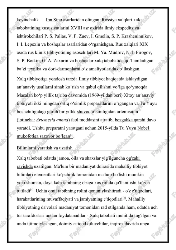bibning o'ziga xos rolida qo'llanilishi ko'zda tutiladi[4]. uchta omil tabibning rolini qonuniylashtiradi - o'z e'tiqodlari, harakatlarining muvaffaqiyati va jamiyatning e'tiqodlari[5]. mahalliy tibbiyotning da'volari madaniyat tomonidan rad etilganda ham, odatda uch tur tarafdorlari undan foydalanadilar - xalq tabobati muhitida tug'ilgan va unda ijtimoiylashgan, doimiy e'tiqod qiluvchilar, inqiroz davrida unga murojaat qiladigan vaqtinchalik foydalanuvchilar va faqat o'ziga xos jihatlarga ishonadiganlar[6]. etnologlar anʼanaviy tibbiyot faoliyati bilan shugʻullanish qarori uchun yana uchta sababni aniqlaydilar[7]: 1. yashash joyi yoki oilaviy aloqalar tufayli xalq tabobati anʼanalarida ishtirok etish. bunday holda, mavjud texnika va koʻnikmalar meros boʻladi, qoʻshimcha taʼlim olish va davlat roʻyxatidan oʻtish koʻpincha kasbiy faoliyatni kengaytirish va uni qonuniylashtirish zarurati bilan bogʻliq; 2. psixologik yoki jismoniy jarohatlar natijasida yuzaga kelgan dunyoqarashning keskin oʻzgarishi, gʻayrioddiy qobiliyatlarning paydo boʻlishi hissining paydo boʻlishi kabi holatlarda oʻz oʻzini ruhiy davolash. ushbu holatlarda oʻzini sogʻlomlashtiruvchi va mafkuraviy tizimi yaratiladi va bu faqat shifokorning koʻrsatmalariga bogʻliq boʻlib qolmaydi; 3. oʻz-oʻzini takomillashtirish …