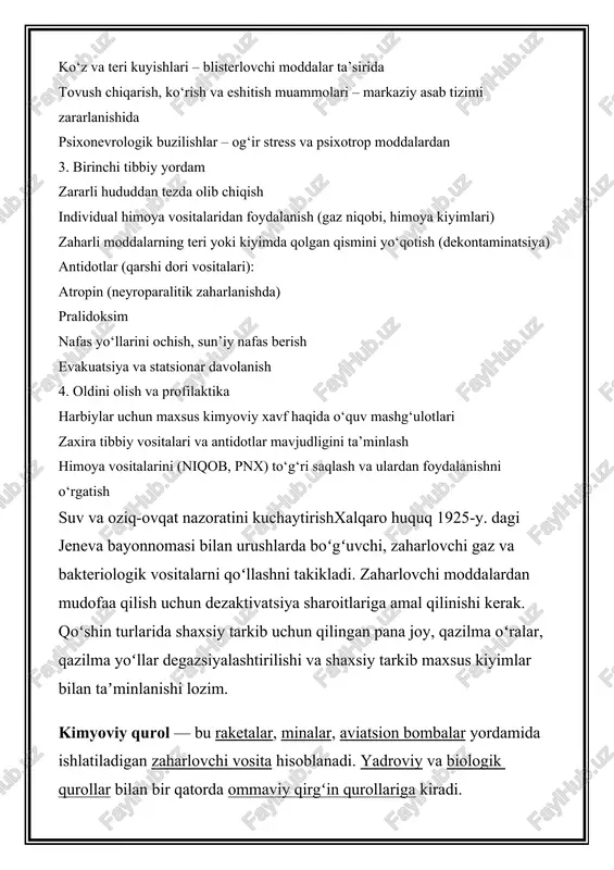 ro huquq 1925-y. dagi jeneva bayonnomasi bilan urushlarda boʻgʻuvchi, zaharlovchi gaz va bakteriologik vositalarni qoʻllashni takikladi. zaharlovchi moddalardan mudofaa qilish uchun dezaktivatsiya sharoitlariga amal qilinishi kerak. qoʻshin turlarida shaxsiy tarkib uchun qilingan pana joy, qazilma oʻralar, qazilma yoʻllar degazsiyalashtirilishi va shaxsiy tarkib maxsus kiyimlar bilan taʼminlanishi lozim. kimyoviy qurol — bu raketalar, minalar, aviatsion bombalar yordamida ishlatiladigan zaharlovchi vosita hisoblanadi. yadroviy va biologik qurollar bilan bir qatorda ommaviy qirgʻin qurollariga kiradi. shuningdek yondiruvchi aralashmalarni ham kimyoviy qurollarga bogʻlashadi. shuningdek, kimyoviy qurollar ommaviy qirgʻin qurollari turlaridan biri. shikastlash taʼsiri kimyoviy zaharlovchi moddalar (zm) ning zaharlash xossalariga asoslangan. asosiy tarkibiy qismlari — jangovar kimyoviy moddalar (zarin, y-gazlar va boshqalar) hamda ularni qoʻllash vositalari — raqstalarning zm toʻldirilgan jangovar qismlari, artilleriya snaryadlari, minalar, aviatsiya bombalari, kassetalar, fugaslar, granatalar va boshqalar. ular aviatsiya, turli moslamalar, purkagich va aerozol generatorlar yordamida ham tarqalishi mumkin. shikastlovchi taʼsiri qancha vaqt saqlanishiga qarab, kimyoviy qurollar turgʻun (bir necha …