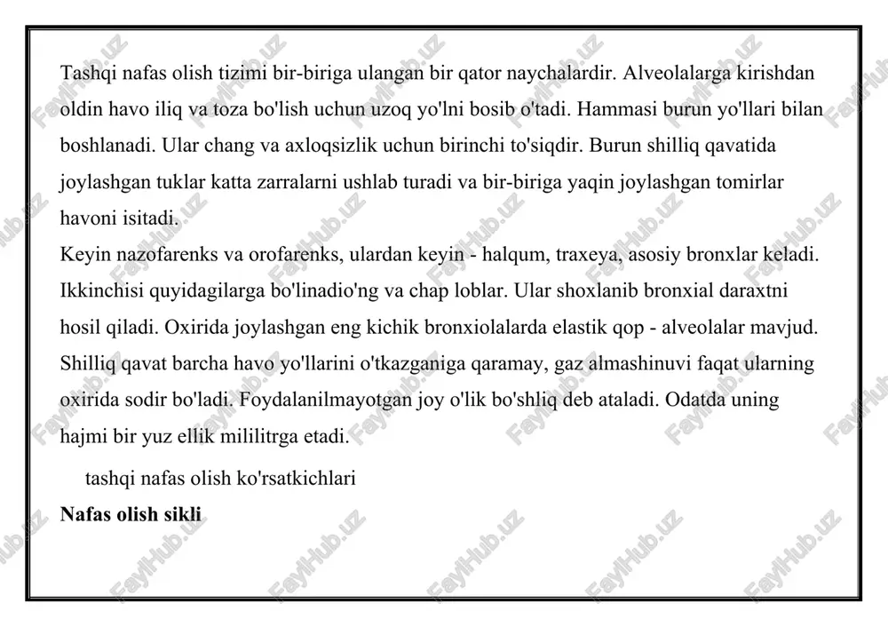asiga, yoshiga va sog'lig'iga qarab farq qilishi mumkin: 1. toʻlqinlar hajmi (to). bu odam dam olishda nafas oladigan va chiqaradigan havo miqdori. norm uch yuzdan etti yuz mililitrgacha. 2. inspiratuar zahira hajmi (irv). bu o'pkaga hali ham qo'shilishi mumkin bo'lgan havo. masalan, agar tinch nafas olayotgan bo'lsangiz, odamdan chuqur nafas olishni so'rang. 3. ekspiratuar zahira hajmi (erv). bu oddiy ekshalatsiyadan keyin chuqur nafas olinsa, o'pkadan chiqadigan havo hajmi. ikkala raqam ham bir yarim litrni tashkil qiladi. 4. qolgan hajm. bu chuqur ekshalatsiyadan keyin o'pkada qolgan havo miqdori. uning qiymati mingdan bir yarim ming mililitrgacha. 5. avvalgi to'rtta ko'rsatkich birgalikda o'pkaning hayotiy sig'imini tashkil qiladi. erkaklar uchun besh litr, ayollar uchun uch yarim litrga teng. o'pka ventilyatsiyasi - bu o'pkadan bir daqiqada o'tadigan havoning umumiy hajmi. voyaga etgan sog'lom odamda dam olish holatida bu ko'rsatkich olti dan sakkiz litrgacha o'zgarib turadi. tashqi nafas olish funktsiyasini o'rganish nafaqat patologiyasi bo'lgan odamlar uchun, …
