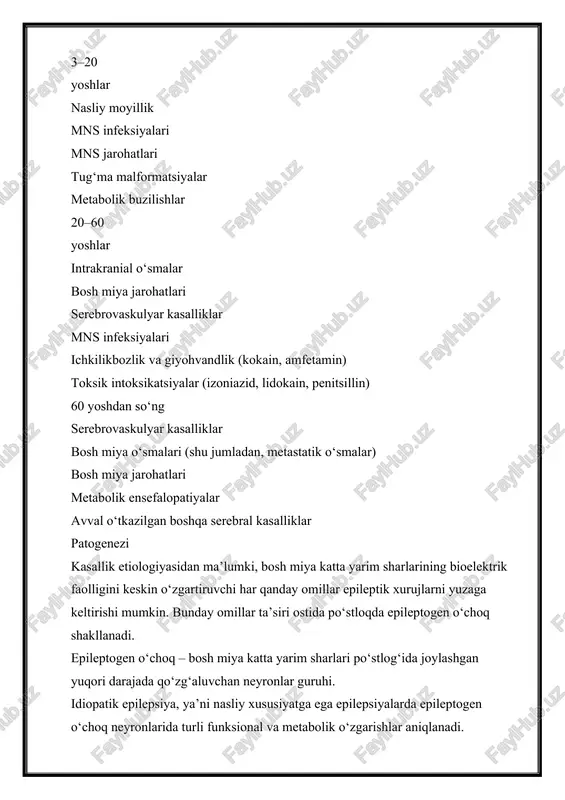 rishi mumkin. bunday omillar ta’siri ostida po‘stloqda epileptogen o‘choq shakllanadi. epileptogen o‘choq – bosh miya katta yarim sharlari po‘stlog‘ida joylashgan yuqori darajada qo‘zg‘aluvchan neyronlar guruhi. idiopatik epilepsiya, ya’ni nasliy xususiyatga ega epilepsiyalarda epileptogen o‘choq neyronlarida turli funksional va metabolik o‘zgarishlar aniqlanadi. morfologik o‘zgarishlar (atrofiya degeneratsiya), odatda,keyinchalik vujudga keladi. absanslar bilan namoyon bo‘luvchi idiopatik epilepsiyalarda bosh miyada morfologik o‘zgarishlar deyarli aniqlanmaydi. idiopatik epilepsiyalarda epileptogen o‘choq bosh miyaning ontogenetik rivojlanish davrida shakllanadi, deb faraz qilinadi. demak, nasliy xususiyatga ega epilepsiyalar rivojlanishiga ham tashqi omillar katta turtki bo‘lishi mumkin. chunki ota-onasida epilepsiya aniqlanganlarda har doim ham ushbu kasallik rivojlanavermaydi. biroq ularda epilepsiyaga moyillik saqlanib qoladi, ya’ni bunday bemorlarda bosh miya jarohati ro‘y bersa, epileptik xurujlar rivojlanish xavfi yuqoridir. simptomatik epilepsiyalarda epileptogen o‘choq neyronlari vahatto glial hujayralar ham alohida morfofunksional tuzilishga ega. busohada atrofiya, degeneratsiya, kista va glial chandiqlar aniqlanadi. epileptogen o‘choq kattalasha borib po‘stloqning boshqa sohalariga tarqalish xususiyatiga ega. epileptogen o‘choq darrov vujudga …