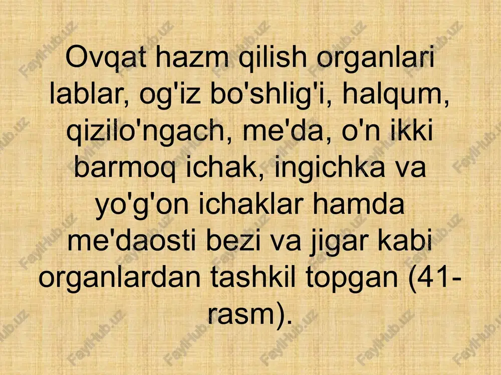 odamda me'daning hajmi o'rtacha 2,5 l atrofida bo'ladi. me'daning ichki shilliq pardasi ostida juda ko'p 14 millionga yaqin mayda bezlar joylashgan bo'lib, ular pepsin, lipaza fermentlari va xlorid kislota ajratadi. pepsin ovqat tarkibidagi oqsillarni, l ipaza yog'larni parchalaydi. xlorid kislota esa pepsin fermentining faollik kuchini oshiradi. odam me'da va ichak shirasini tekshirish maqsadida zondlash, ya'ni elastik rezina naycha kiritish metodi qo'llaniladi. hazm qilish organlarining holatini o'rganishda rentgenoskopiya metodidan foydalaniladi. buning uchun kasalga rentgen nurlarini o'tkazmaydigan hozirgi davrda ovqat hazm qilish sistemasini ultratovush yordamida tekshirib, tashxis qo'yish metodi keng qo'llaniladi. me'dada ovqat hazm bo'lib, o'n ikki barmoq ichakka o'tkaziladi. moddadan tayyorlangan bo'tqa ichiriladi. so'ngra rentgen ekranida hazm qilish nayi har xil qismlarning chegarasi aniqlab olinadi. o'n ikki barmoq ichak. bu ingichka ichakning boshlang'ich qismi bo'lib, uzunligi o'n ikkita barmoq eniga teng (25-30 sm) bo'ladi. shuning uchun u o'n ikki barmoq ichak deb ataladi. bu ichak bo'shlig'iga me'daosti bezining shirasi va jigarning …