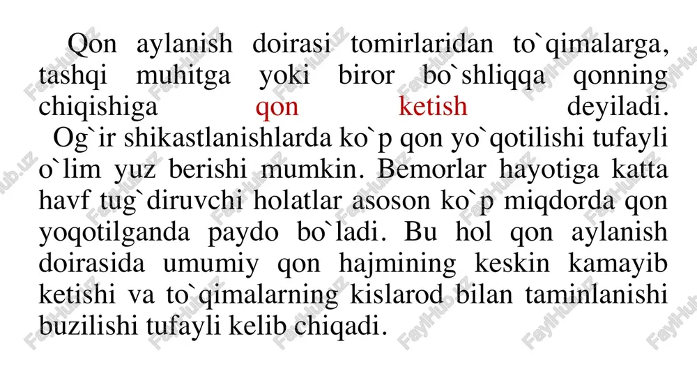 tortib bo- glanadi. agar doka yoki bint bo‘limasa, toza matodan + ham foyda- lanishi mum- kin. bemor uchun ota xavf == tug‘diradigan gon ketish kuzatilsa, go'l ostida bor matoni ishlatish mumkin. bosib turadi- .. 0500! samoon ensnce —jf 3 gan boglam mayda tomirlarni yumshoq gastric aspuration to'gimalarga bosib turganda gon ketish gastnic batoon irflanon tez to’xtaydi. ichki a’zolardan, masalan coophagesl baleen —— qizilo‘ngachdan gon ketganda blekmor ee en zondidan foydalansa bo'ladi. qon ketishni vaqtincha tuxtatish usullari oxunov a.o. qo'l-oyoqni ko‘tarib turish =» bunda qon ketishining gisman kamayishi ijobiy ta’sir ko'rsatadi. ko'pincha bu usulni vena tomiri_ shi- kastlanganda qo'llash maqsadga muvofiqdir. qon ketishni vaqtincha tuxtatish usullari oxunov a.o. qol bilan katta magistral arterial tomirlarni bosib turish vaqtincha don to‘xtatishning bu usulida tomir yaqini- dagi suyakka bosib turiladi. uyqu arteriyasini to'sh-o'mrov mushagining ichki gismi orgali nugta - bo'yin umurtgasining ko'ndalang o'simta- siga bosish mumkin (vi bo'yin umurtqasi ko'‘ndalang o'simtasining tepa qismi, aytib …