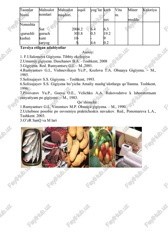 g.i., vorontsov m.p. obshaya gigiyena. – m., 1990. 2.uchebnoe posobie po osvoeniyu prakticheskix navikov. red., ponomareva l.a., tashkent. 2003. 3.o’zr sanq va m lari