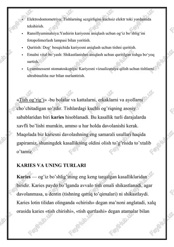 nom olgan. tishning zararlanishi darajasi qarab kariesni dog’lar (tish sirtida rang o’zgarishi), yuzaki karies (sirt zararlanish), o’rta karies (dentinning yuqori qismi zararlangan) va chuqur karies (dentin deyarli butunlay zararlanib, pulpagacha yetib borgan) ga ajratishadi. bundan tashqari, emal, dentin va ildiz sementlarining karieslari alohida tasniflanadi — ildiz sementi kariesida kasallik milk ostida paydo bo’ladi. yuzaga kelishi joyiga qarab fissur (tish chuqurchasida sodir bo’ladi), approksimal (tishlar orasida) va bo’yin oldi (milk yaqinida yoki undan pastda) kariesi tasniflanadi. bundan tashqari, oldingi tishlarning karieslari ham mavjud bo’lib, ular ayniqsa tabassum estetikasiga salbiy ta’sir qiladi. odatda oldingi tishlar zararlanganda, hatto stomatologlardan qo’rqqanlar ham ularga darhol murojaat qilishadi. stomatologga tashrifidan ozod bo’lish uchun og’iz bo’shlig’ini o’zingiz mustaqil tekshirishingiz kerak. agar kariesni dastlabki bosqichda aniqlasangiz, uni tish shifokori yordamisiz ham to’xtata olasiz. tish kariesi belgilari sizda tish kariesi bor-yo’qligini aniqlash juda oson. tish sirti rangi o’zgarishi (dog’ qoramtir yoki oqimtir bo’lishi mumkin) yoki uning tuzilishi, masalan g’adir-budurligi …