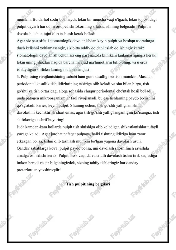 nda patogen mikroorganizmlar faol rivojlanadi, bu esa tishlarning paydo bo'lishini qo'zg'atadi. karies, keyin pulpit. shuning uchun, tish go'shti yallig'lanishini davolashni kechiktirish shart emas; agar tish go'shti yallig'langanligini ko'rsangiz, tish shifokoriga tashrif buyuring! juda kamdan-kam hollarda pulpit tish sinishiga olib keladigan shikastlanishlar tufayli yuzaga keladi. agar jarohat nafaqat pulpaga, balki tishning ildiziga ham zarar etkazgan bo'lsa, tishni olib tashlash mumkin bo'lgan yagona davolash usuli. qanday sabablarga ko'ra, pulpit paydo bo'lsa, uni davolash shoshilinch ravishda amalga oshirilishi kerak. pulpitni o'z vaqtida va sifatli davolash tishni tirik saqlashga imkon beradi va siz bilganingizdek, sizning tabiiy tishlaringiz har qanday protezlardan yaxshiroqdir! tish pulpitining belgilari pulpit rivojlanishi tufayli tishingiz aniq og'riyotganini qanday aniqlash mumkin? ushbu kasallikning o'ziga xos belgilari bor va pulpit rivojlanishining birinchi belgisi kasal tish sovuq / issiq, shirin / nordon ovqatlar bilan aloqa qilganda paydo bo'ladigan og'riq bo'lishi mumkin. kariyes paytida og'riqdan farqli o'laroq, bu hislar ularni qo'zg'atuvchi tirnash xususiyati yo'qolgandan so'ng …