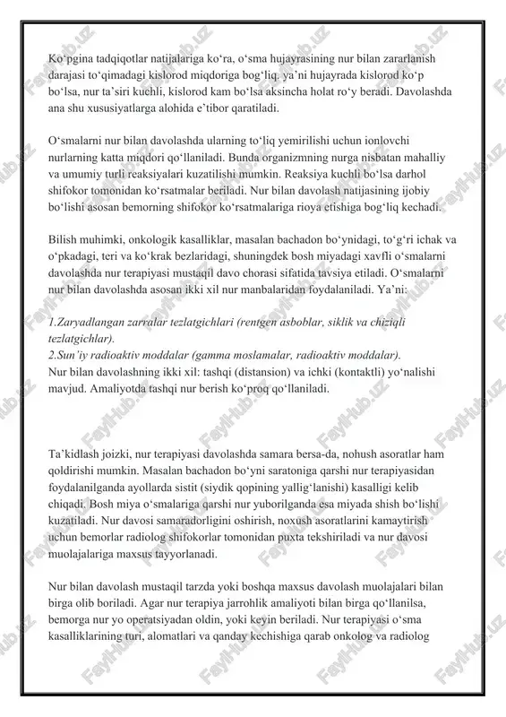 qda, - onkologik kasalliklar terapiyasining samaradorlik darajasi oshmoqda, - isbotlovchi klinik tadqiqotlar bazasi kengaymoqda. nur terapiyasi onkologiyaning eng dinamik rivojlanib borayotgan sohalari qatoriga kiradi. odatda biz bu usulning hozirgi vaqtda keng tarqalganligini yetarlicha baholamaymiz va rakni davolashning eng keng tarqalgan usuli kimyo terapiya deb o‘ylaymiz. lekin aslo bunday emas. amalda har 100 bemordan taxminan 20 tasida faqat jarrohlik operatsiyasi, 15 tasida esa – nur terapiyasi o‘tkazishga to‘g‘ri keladi, va 100 tadan faqat 2-3 kishi uchun asosiy davolash usuli sifatida kimyo terapiya qo‘llaniladi. jarrohlik aralashuvlariga nisbatan xavflar ancha kam shishning qayerda joylashganligi va rivojlanish darajasiga bog‘liq holda nur terapiyasi o‘zining radikal shaklida nur jarrohligi sifatida qo‘llanilishi mumkin. o‘pka o‘simtasining birinchi bosqichida bo‘lgan bemorni olaylik – ablyativ radioterapiya 90% hollarda saraton hujayralarini funksional to‘qima va yon ta’sirsiz butunlay yo‘q qiladi. bunda, masalan, o‘pka rakini jarrohlik yo‘li bilan olib tashlash holatida bemorlar operatsiyadan keyingi og‘riqlardan yarim yilgacha aziyat chekishlari mumkin! bundan tashqari, bunday …