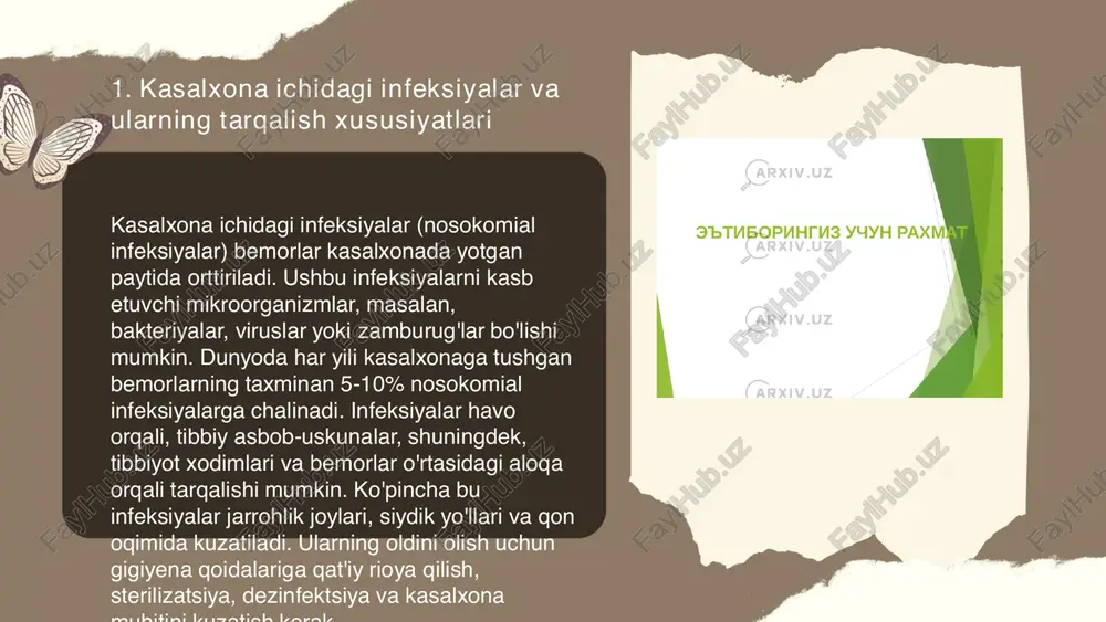 shini kamaytirishi mumkin. aqsh xastaliklarni nazorat qilish va oldini olish markazi ma'lumotlariga ko'ra, har yili kasalxona-infektsiyalari tufayli 1,7 million kishi kasallanib, ularning taxminan 99,000 nafari halok bo'ladi. shuning uchun, kasalxonalarda ichki havo sifatini nazorat qilish muhimdir. ... t.me/slaydai_bot mikrobiologik ifloslanishning xavf omillari avvalambor sanitariya-talablariga rioya qilinmaslikdan kelib chiqadi. bunga ifloslangan suv, oziq-ovqat va havodan keladigan tahdidlar kiradi. oziq-ovqat sanoatida gigiyena qoidalari buzilishi natijasida bakteriyalar va boshqa mikroorganizmlar tarqalishi mumkin. shuningdek, kasallangan xodimlarning gigiyenik qoidalarga e'tiborsizligi xavfni oshiradi. sog'lom muhit yaratish uchun 37°c haroratda oziq-ovqat mahsulotlarini tezlikda sovitish, suv sifatini nazorat qilish va 70% spirtli dezinfektsiya vositalarini qo'llash kerak. shaxsiy gigiyenaga rioya qilish, masalan, qo'l yuvish, mikrobiologik ifloslanish xavfini kamaytiradi. shu bilan birga, antiseptik materiallardan foydalanish ham muhimdir. ... t.me/slaydai_bot 7. sterillash va dezinfeksiya qilish usullari sterillash va dezinfeksiya qilish usullari tibbiyot va sanitariya sohalarida kasalliklarning oldini olishda muhim rol o‘ynaydi. sterillash usullari orasida issiqlik bilan (avtoklav yordamida), kimyoviy moddalar bilan, …
