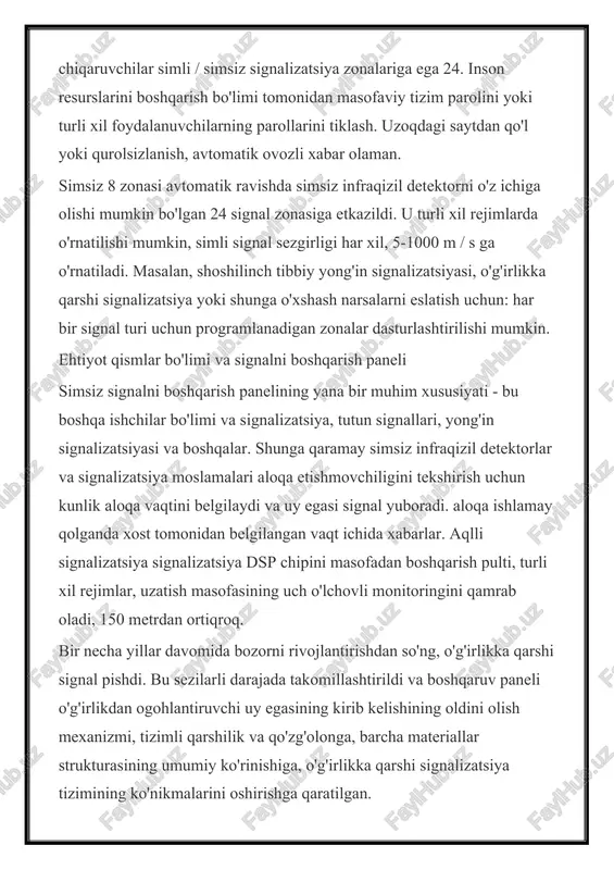 bir signal turi uchun programlanadigan zonalar dasturlashtirilishi mumkin. ehtiyot qismlar bo'limi va signalni boshqarish paneli simsiz signalni boshqarish panelining yana bir muhim xususiyati - bu boshqa ishchilar bo'limi va signalizatsiya, tutun signallari, yong'in signalizatsiyasi va boshqalar. shunga qaramay simsiz infraqizil detektorlar va signalizatsiya moslamalari aloqa etishmovchiligini tekshirish uchun kunlik aloqa vaqtini belgilaydi va uy egasi signal yuboradi. aloqa ishlamay qolganda xost tomonidan belgilangan vaqt ichida xabarlar. aqlli signalizatsiya signalizatsiya dsp chipini masofadan boshqarish pulti, turli xil rejimlar, uzatish masofasining uch o'lchovli monitoringini qamrab oladi, 150 metrdan ortiqroq. bir necha yillar davomida bozorni rivojlantirishdan so'ng, o'g'irlikka qarshi signal pishdi. bu sezilarli darajada takomillashtirildi va boshqaruv paneli o'g'irlikdan ogohlantiruvchi uy egasining kirib kelishining oldini olish mexanizmi, tizimli qarshilik va qo'zg'olonga, barcha materiallar strukturasining umumiy ko'rinishiga, o'g'irlikka qarshi signalizatsiya tizimining ko'nikmalarini oshirishga qaratilgan. analog signallar bilan ishlay oladigan raz’yom — vga vga(video graphics array) – 15 ta pinlik, 3 qator qilib joylashgan, analog …