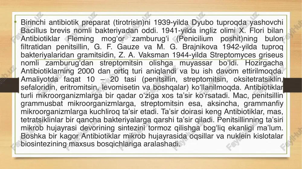 kteriostatik ta’sir xususiyatiga ega bo’lgan moddalardir. bugungi kunga kelib dunyo miqyosida turli xildagi kimyoviy birikmalar sinfyga taa’llukli bo’lgan 500 ga yaqin antibiotiklar ishlab chiqaridmoqda. dorilarni ishlab chiqarishdagi mehnat sharoitini belgilovchi ishlab chiqarish omillariga umumiy ta’rif kimyoviy omil. o’tkazilgan tekshirishlarning ko’rsatishicha, kimyo- farmasevtika korxonalaridagi asosiy nomuvofiq ta’sir etuvchi omillar, ishchi zonasi havosining zararli organiq va anorganiq moddalar bilan ifloslanishi, kiyimlar va badan terisining ifloslanishi hisoblanadi. dorivor preparatlarni ishlab chiqarishdagi ko’pgina korxonalardagi ishchi zonasi havosini ifloslovchi kimyoviy moddalarning tarkibi murakkab xarakterga ega bo’lib, bir vaqtning o’zida juda ko’p kimyoviy ingridientlarning aerozol, bug’ yoki gaz holida bo’lishi bilan bog’likdir. • trixodermin gʻoʻzaning vertitsillyoz vilti va qishloq xoʻjaligi ekinlarining kasalliklari: himoyalangan tuproqsa bodring, pomidor ildiz chirishi, kartoshka rizoktoniozi, bugʻdoy gelmintosporiozi, makkajoʻxori qorakuyasi va boshqa qarshi kurashda ishlatiladi. trixodermaning toshkent shtammi asosida trixodermin olish texnologiya si ishlab chiqilgan. adan dustlar bilan upalash va koʻchat materiallari (koʻchat, qalamcha, tuganak, urugʻ)ni eritmalarda hoʻllash bilan foydalaniladi. antibiotiklar oʻsimlik …