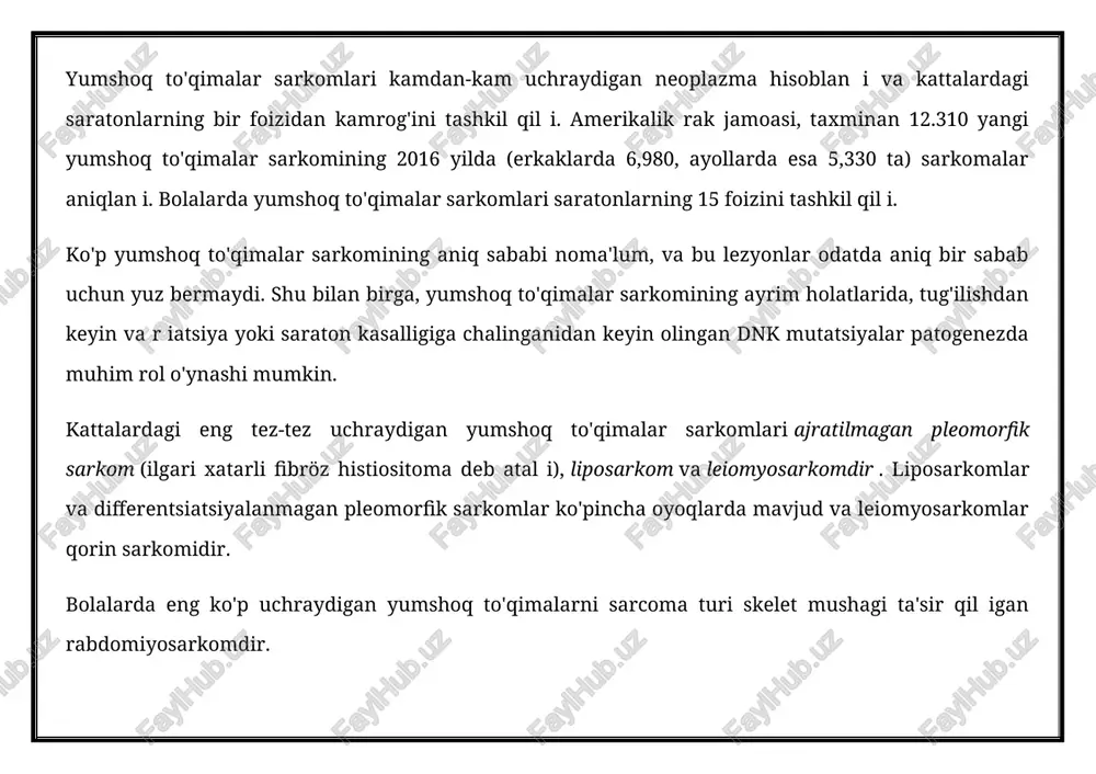 imptomlari, masalan, kramplar, ich qotishi va ishtahani yo'qotishi mumkin. katta sarkomlar ham lomber va pelvis nervlariga ziyon etkazishi mumkin, bu esa nevrologik muammolarga olib kelishi mumkin. nihoyat, ekstremitalarda joylashgan sarkomalar (qo'llar va oyoqlar) chuqur ven trombozi kabi ko'rinishi mumkin. yumshoq to'qimalar sarkomlarini tashxislash va bosqichma-bosqich o'tkazish yangi, kengaymagan, yuzaki va besh santimetrdan kam bo'lmagan kichik yumshoq to'qimalar massasi shifokor tomonidan darhol davolanmaydi. besh santimetrdan kattaroq yoki kattaroq massalarni kengaytirish to'liq ishni talab qil i: tarix, tasvir va biopsiy . biopsiy an oldin diagnostik test yumshoq to'qimalarni sarcomani baholash uchun ishlatil i. magnit-rezonans tomografiya (mrg) ekstremitalarda joylashgan yumshoq to'qimalar sarkomlarini tasavvur qilishda eng foydali hisoblan i. retroperitoneal, qorin bo'shlig'i (qorin bo'shlig'i) yoki trunkali shishlarga nisbatan hisoblashli tomografiya (kt) eng foydali hisoblan i. diagnostik a rol o'ynashi mumkin bo'lgan boshqa diagnostik usullar pozitron emissiya tomografiyasi (pet) va ultratovush hisoblan i. yumshoq to'qimalar shishlarini tashxislashda rentgenografiya (rentgen) foydali bo'lmaydi. diagnostik testdan so'ng, mikroskopik …