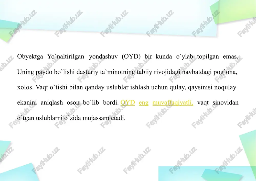 larini boshqasiga o`tkazmay (delegat qilmay) turib boshqasidan foydalanib bo`lmaydi. yana garchi modulda turni belgilab bo`lsa-da, bir modul boshqasida belgilangan turdan foydalana olmaydi. modulli va protsedurali dasturlash tillarida tuzilmalashtirilgan va tuzilmalashtirilmagan ma`lumotlar o`z «tur»iga ega. biroq turni kengaytirish usuli, agar «agregatlash» deb ataluvchi usul yordamida boshqa turlarni yaratishni hisobga olmaganda, mavjud emas. va, nihoyat, modulli dasturlash — bu yana protseduraga yo`naltirilgan gibridli sxema bo`lib, unga amal qilishda dastur bir necha protseduralarga bo`linadi. biroq endilikda protseduralar ishlov berilmagan ma`lumotlar ustida amallarni bajarmaydi, balki modullarni boshqaradi. obyektga yo`naltirilgan dasturlash (oyd) modulli dasturlashdan keyingi mantiqiy pog`onani egallaydi, u modulga nasldan naslga o`tishni va polimorfizmni qo`shadi. dasturchi oyd dan foydalanar ekan, dasturni bir qator oliy darajali obyektlarga bo`lish yo`li bilan tizimlashtiradi. har bir obyekt hal qilinayotgan muammoning ma`- lum bir tomonini modellashtiradi. oyd endilikda dasturni bajarish jarayonini boshqarish uchun dasturchi diqqatini protseduralarni ketma-ketlikda chaqirib olish ro`yxatini tuzib o`tirishga qaratmaydi. buning o`rniga obyektlar o`zaro aloqada bo`ladi. …