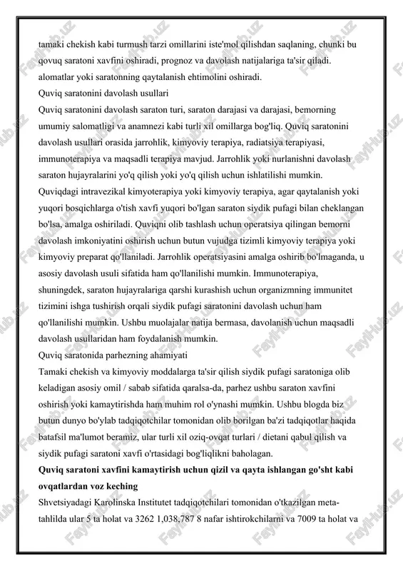 dagi intravezikal kimyoterapiya yoki kimyoviy terapiya, agar qaytalanish yoki yuqori bosqichlarga o'tish xavfi yuqori bo'lgan saraton siydik pufagi bilan cheklangan bo'lsa, amalga oshiriladi. quviqni olib tashlash uchun operatsiya qilingan bemorni davolash imkoniyatini oshirish uchun butun vujudga tizimli kimyoviy terapiya yoki kimyoviy preparat qo'llaniladi. jarrohlik operatsiyasini amalga oshirib bo'lmaganda, u asosiy davolash usuli sifatida ham qo'llanilishi mumkin. immunoterapiya, shuningdek, saraton hujayralariga qarshi kurashish uchun organizmning immunitet tizimini ishga tushirish orqali siydik pufagi saratonini davolash uchun ham qo'llanilishi mumkin. ushbu muolajalar natija bermasa, davolanish uchun maqsadli davolash usullaridan ham foydalanish mumkin. quviq saratonida parhezning ahamiyati tamaki chekish va kimyoviy moddalarga ta'sir qilish siydik pufagi saratoniga olib keladigan asosiy omil / sabab sifatida qaralsa-da, parhez ushbu saraton xavfini oshirish yoki kamaytirishda ham muhim rol o'ynashi mumkin. ushbu blogda biz butun dunyo bo'ylab tadqiqotchilar tomonidan olib borilgan ba'zi tadqiqotlar haqida batafsil ma'lumot beramiz, ular turli xil oziq-ovqat turlari / dietani qabul qilish va siydik …